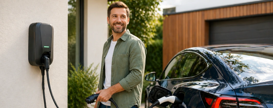 Glücklicher Mann lädt sein Elektroauto an einer modernen Wallbox zuhause – Wallbox Förderung 2026