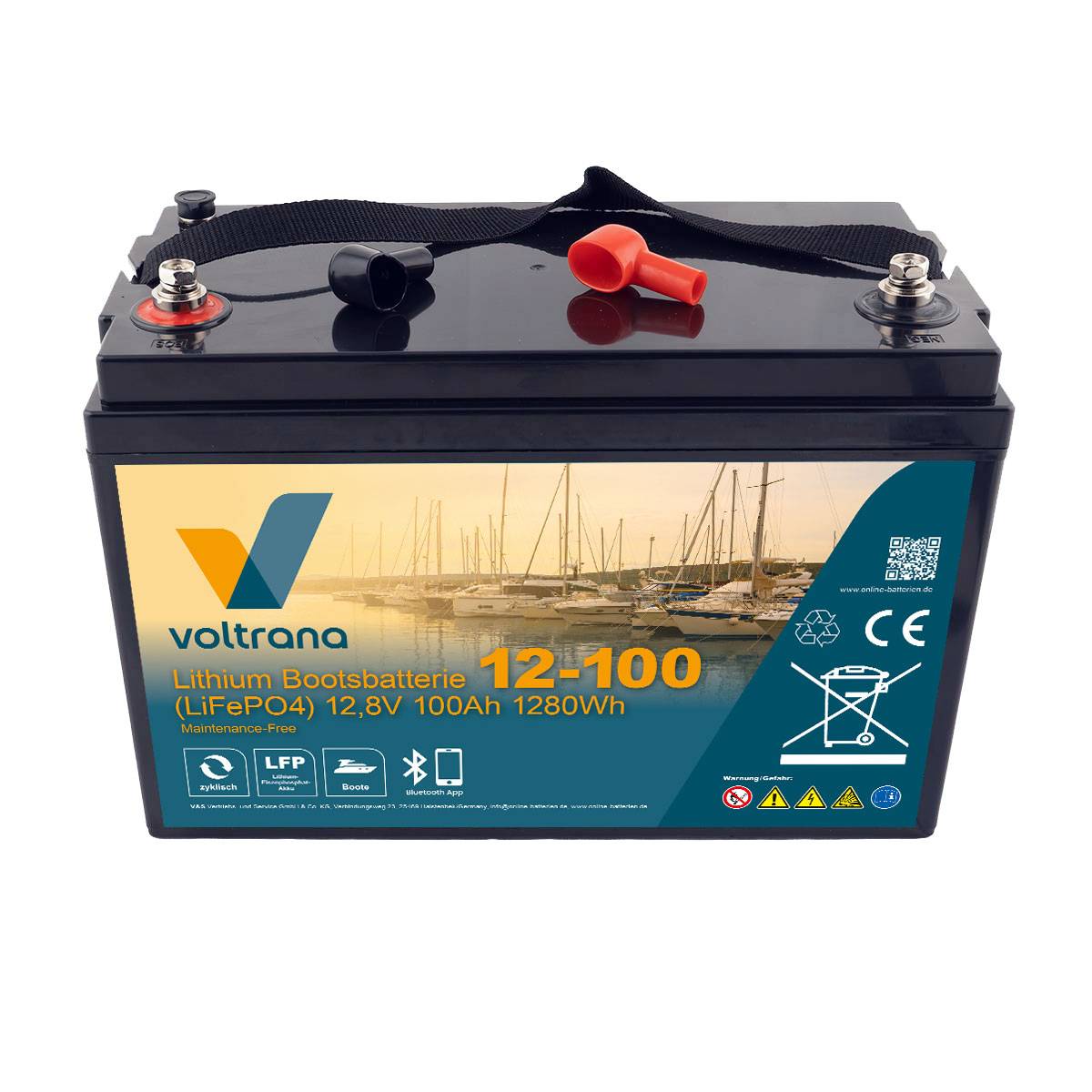 Lithium Bootsbatterie 12,8V 100Ah 1280Wh M8 mit Bluetooth & Heizung – Voltrana LiFePO4  Versorgungsbatterie