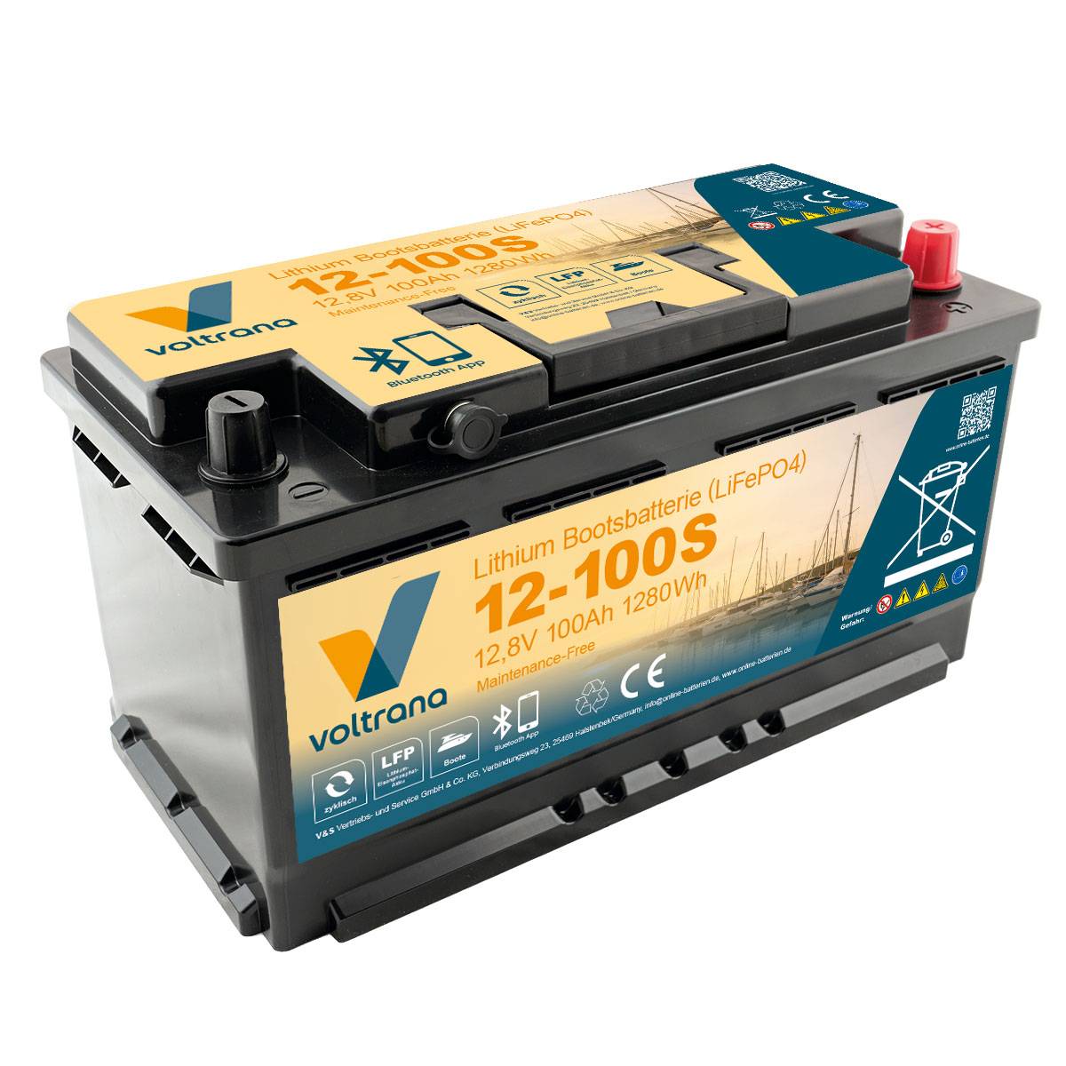 Lithium Bootsbatterie 12,8V 100Ah 1280Wh AP mit Bluetooth & Heizung – Voltrana LiFePO4  Versorgungsbatterie