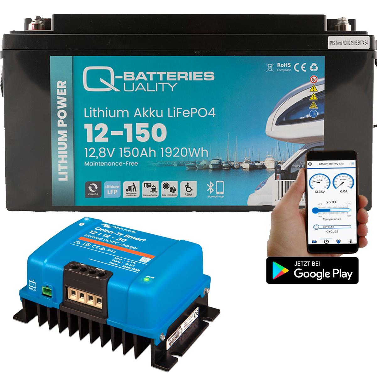 Q-Batteries LiFePO4 12,8V 150 Ah mit Victron Orion-Tr Smart 12/12-30A Ladebooster