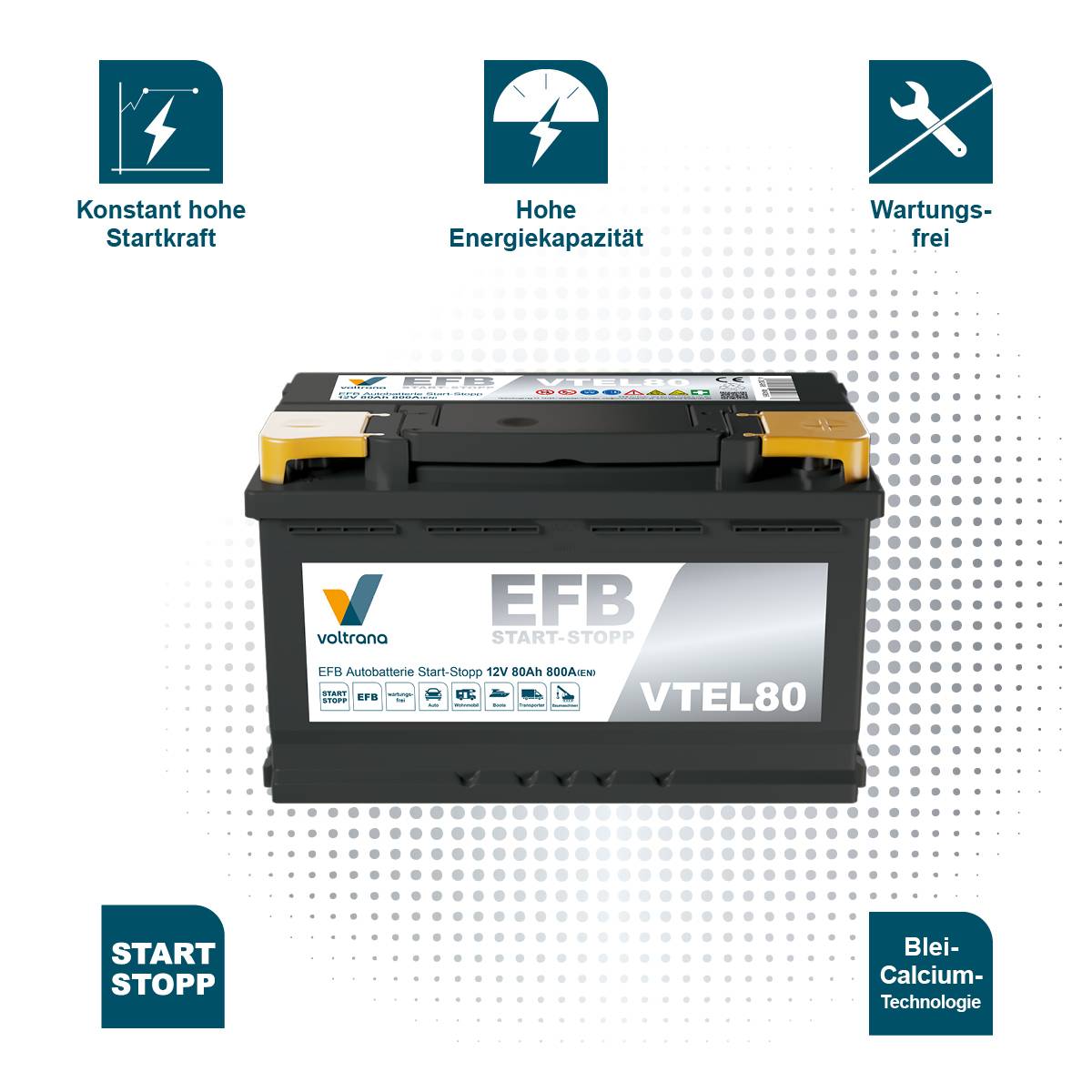 Voltrana EFB Autobatterie Start-Stopp 80Ah 12V 800A VTEL80