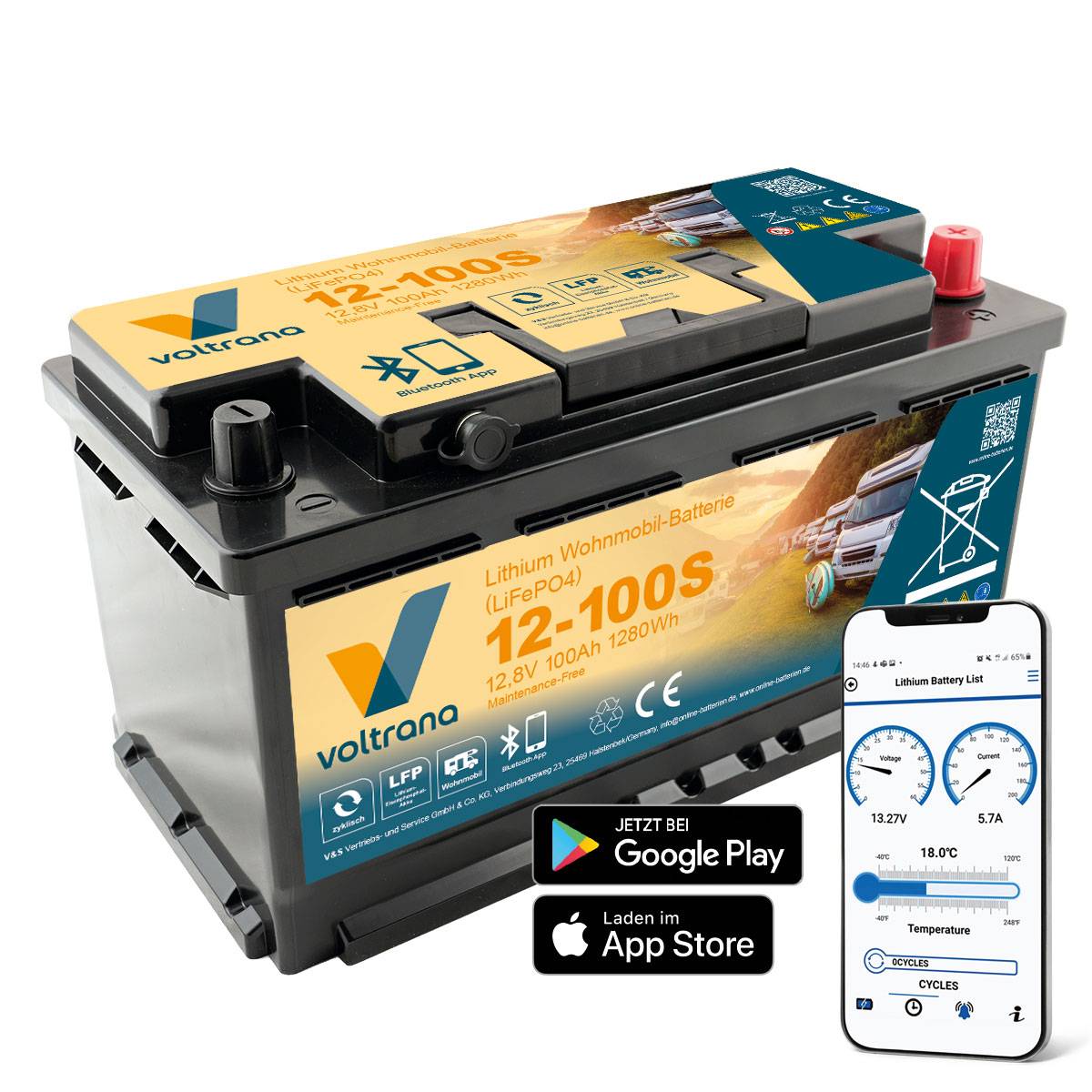 Lithium Wohnmobil-Batterie 12,8V 100Ah 1280Wh AP mit Bluetooth & Heizung – Voltrana LiFePO4 Versorgungsbatterie