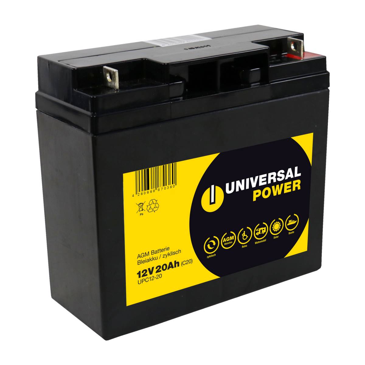 Universal Power AGM UPC12-20 12V 20Ah (C20) AGM Batterie zyklenfest wartungsfrei 