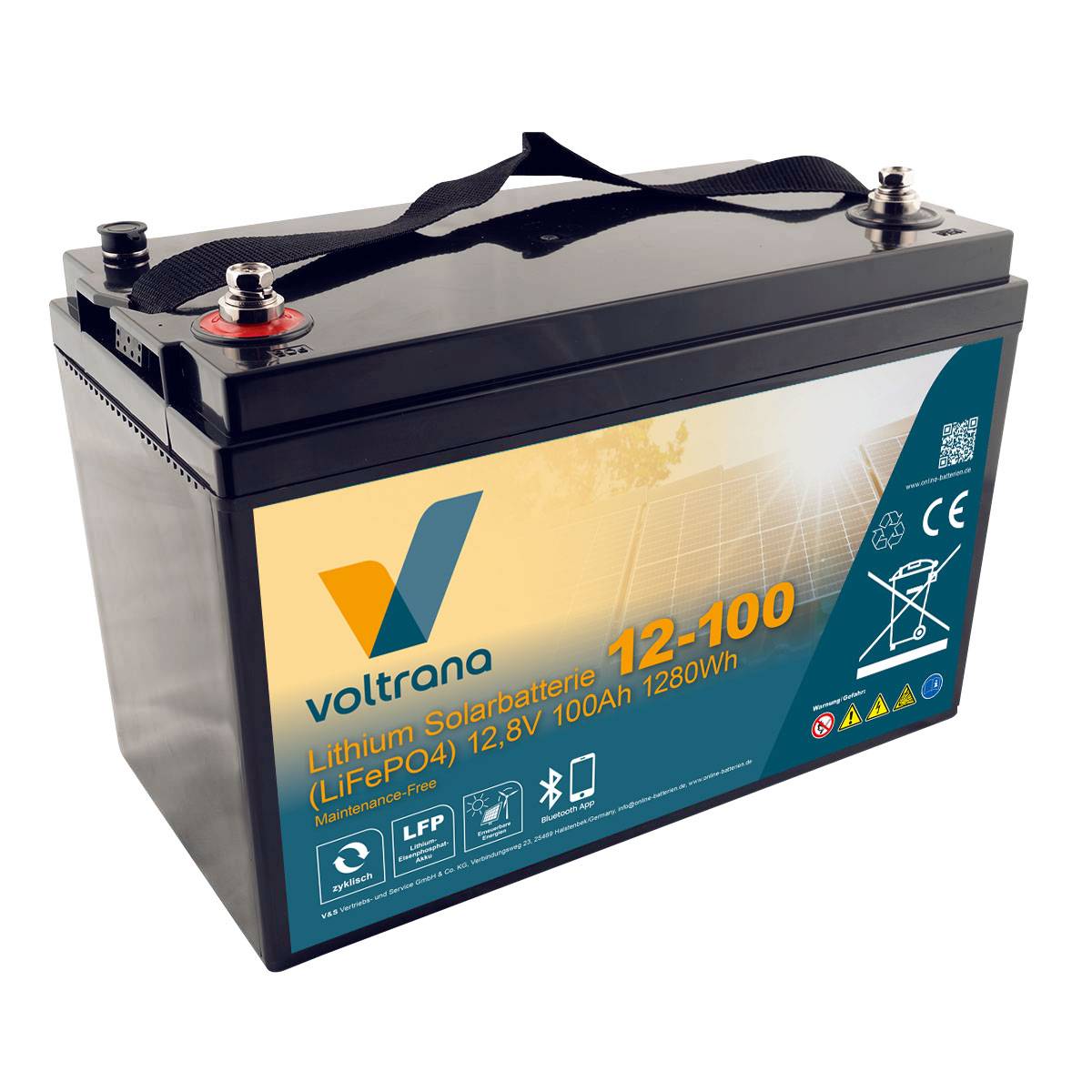 Lithium Solarbatterie 12,8V 100Ah 1280Wh M8 mit Bluetooth & Heizung – Voltrana LiFePO4  Versorgungsbatterie