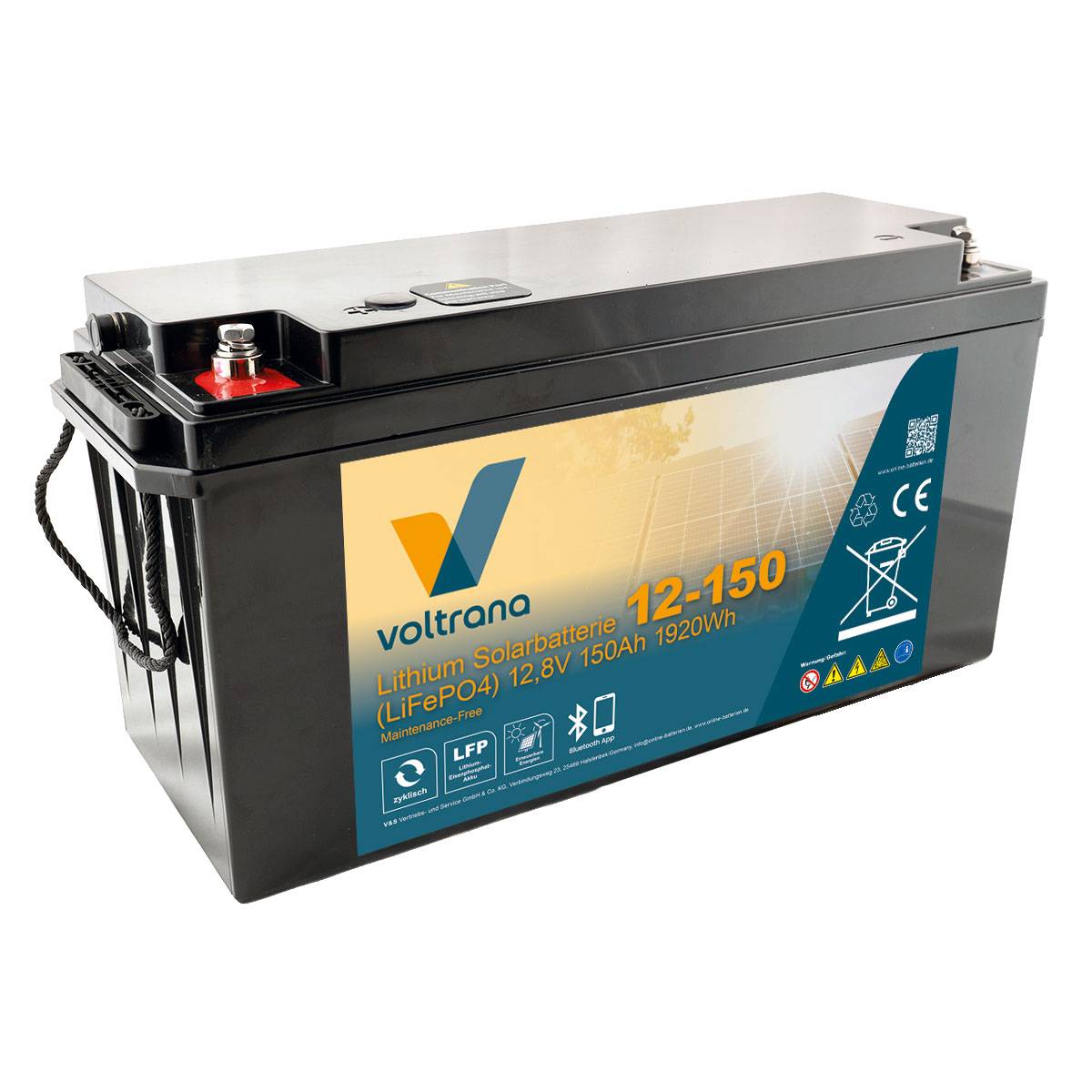 Lithium Solarbatterie 12,8V 150Ah 1920Wh M8 mit Bluetooth & Heizung – Voltrana LiFePO4  Versorgungsbatterie