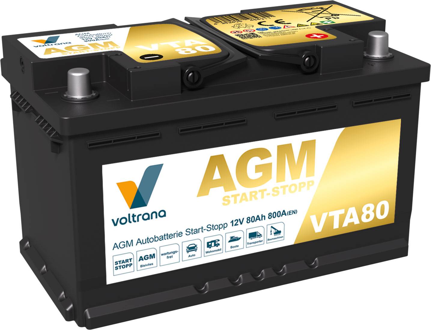 Voltrana AGM Autobatterie Start-Stopp 80Ah 12V 800A VTA80