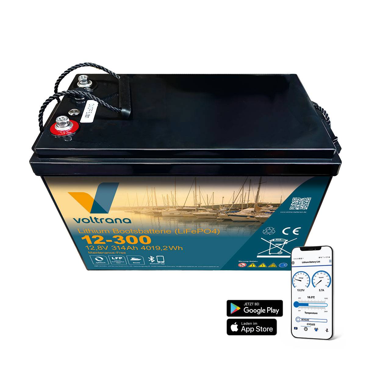 Lithium Bootsbatterie 12,8V 314Ah 4019Wh M8 mit Bluetooth & Heizung – Voltrana LiFePO4  Versorgungsbatterie