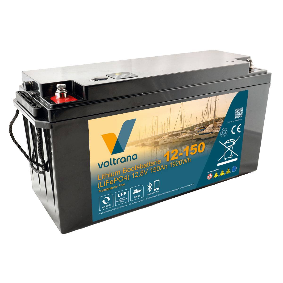 Lithium Bootsbatterie 12,8V 150Ah 1920Wh M8 mit Bluetooth & Heizung – Voltrana LiFePO4  Versorgungsbatterie