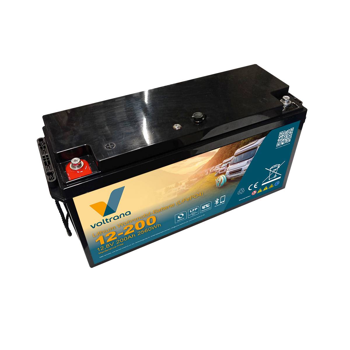 Lithium Wohnmobil-Batterie 12,8V 200Ah 2560Wh M8 mit Bluetooth & Heizung – Voltrana LiFePO4 Versorgungsbatterie