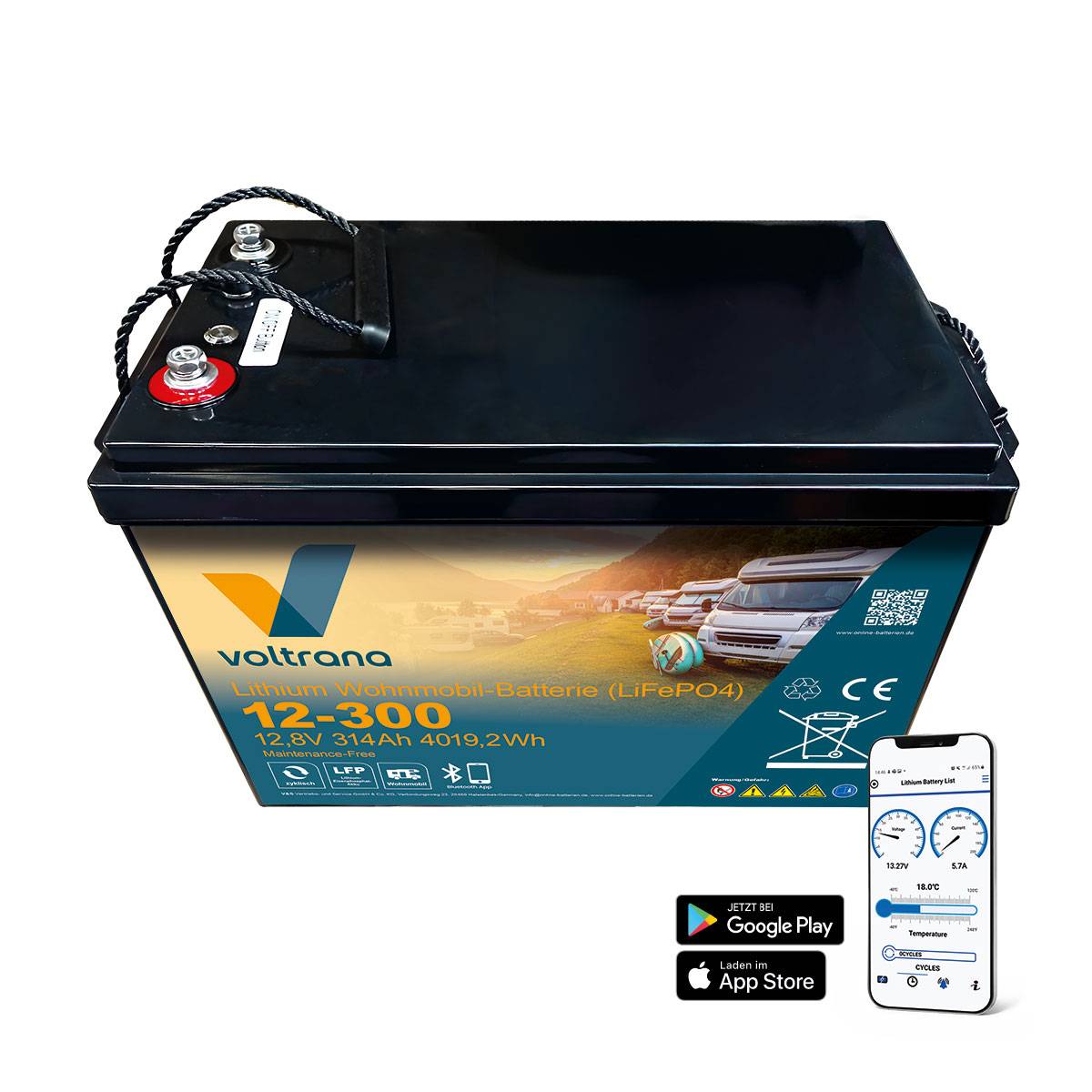 Lithium Wohnmobil-Batterie 12,8V 314Ah 4019Wh M8 mit Bluetooth & Heizung – Voltrana LiFePO4  Versorgungsbatterie