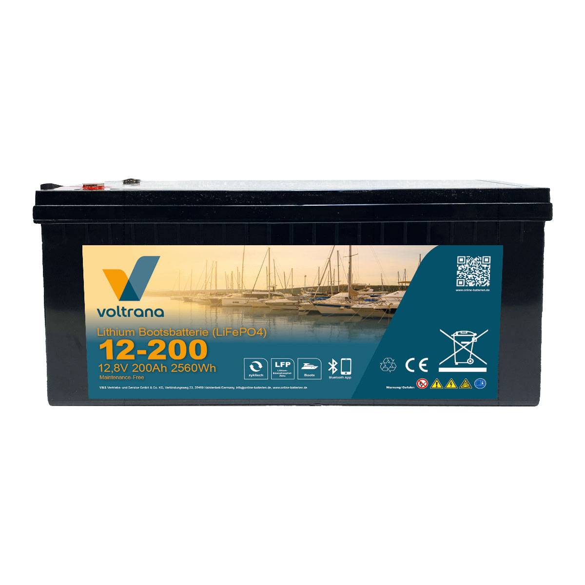 Lithium Bootsbatterie 12,8V 200Ah 2560Wh M8 mit Bluetooth & Heizung – Voltrana LiFePO4  Versorgungsbatterie