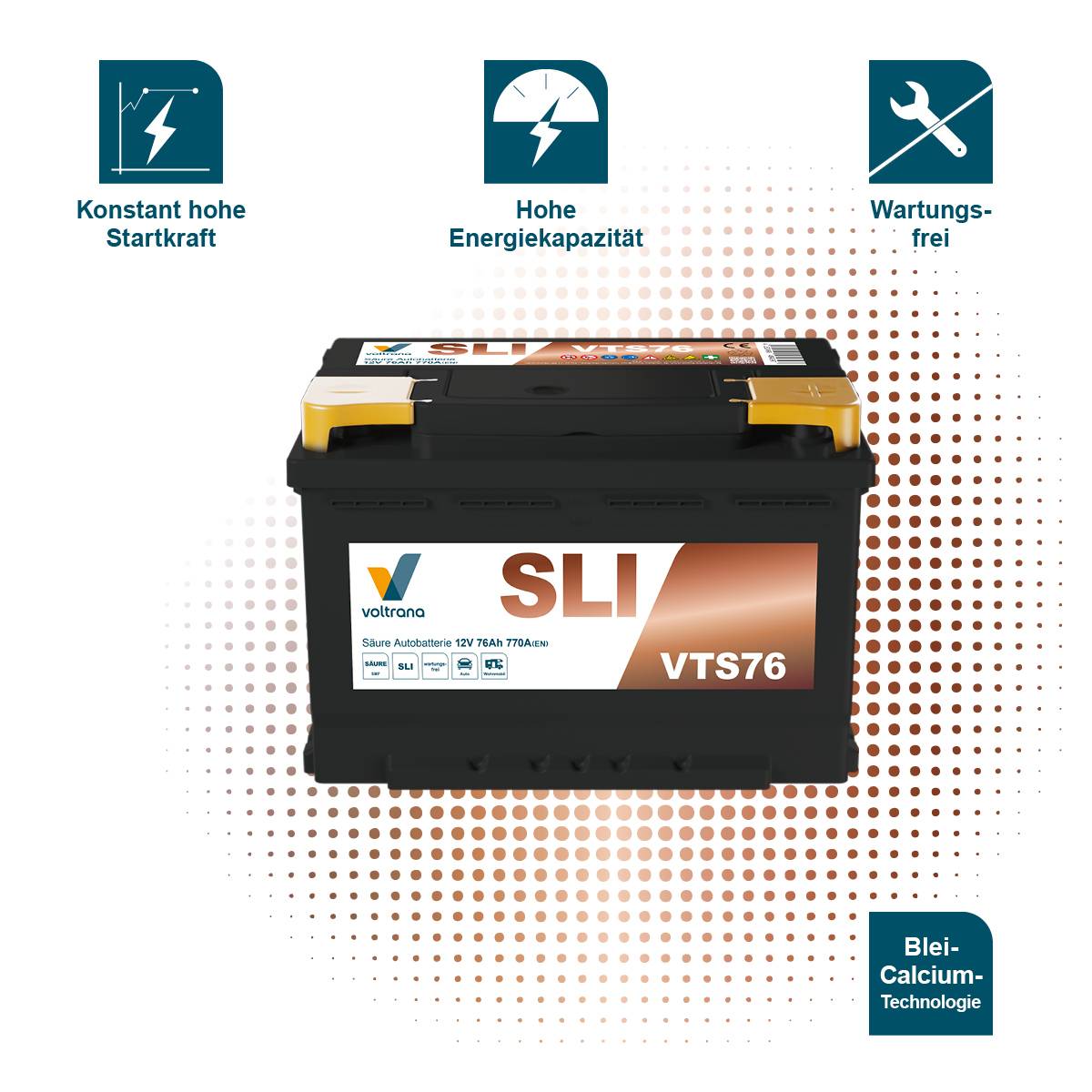 Voltrana Säure SLI Autobatterie 76Ah 12V 770A VTS76