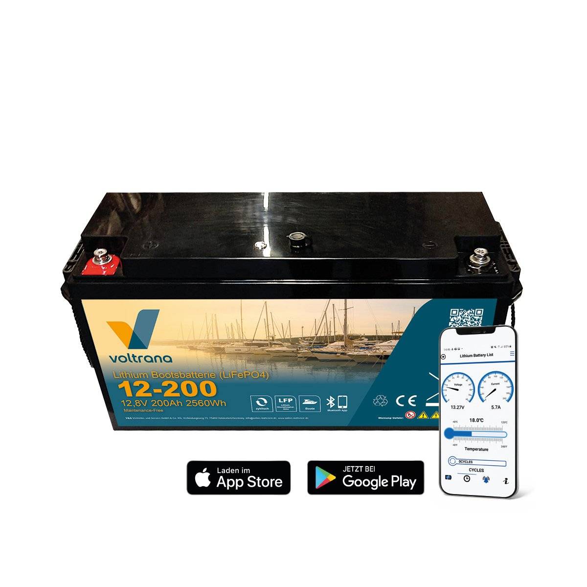 Lithium-Akku VT200 12,8V 200Ah 2560Wh mit Bluetooth und Heizung – Voltrana LiFePO4 Batterie
