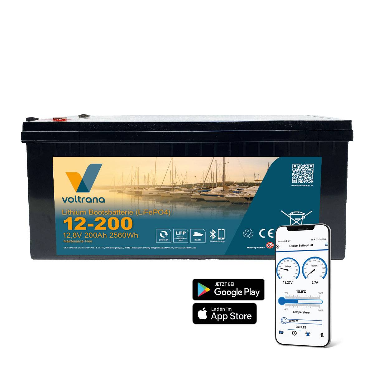 Lithium Bootsbatterie 12,8V 200Ah 2560Wh M8 mit Bluetooth & Heizung – Voltrana LiFePO4  Versorgungsbatterie