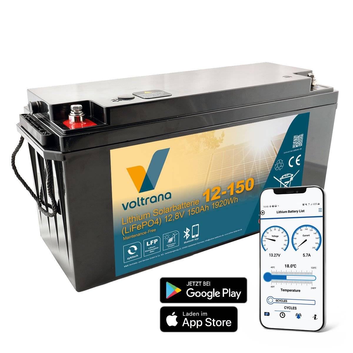 Lithium-Akku VT150 12,8V 150Ah 1920Wh mit Bluetooth und Heizung – Voltrana LiFePO4 Batterie