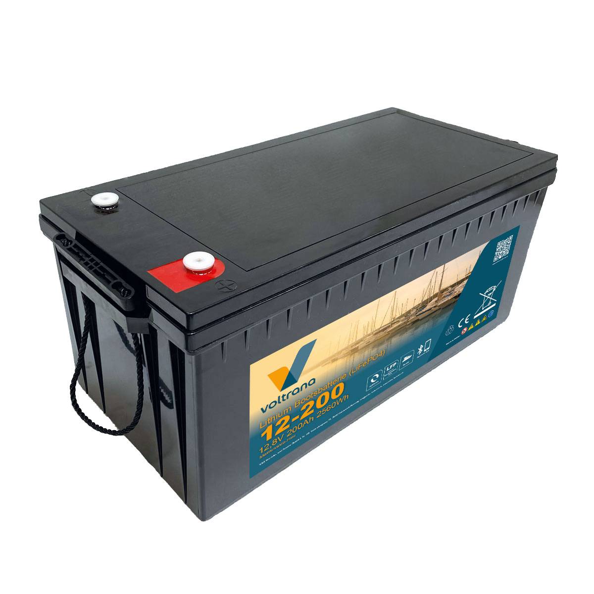 Lithium Bootsbatterie 12,8V 200Ah 2560Wh M8 mit Bluetooth & Heizung – Voltrana LiFePO4  Versorgungsbatterie