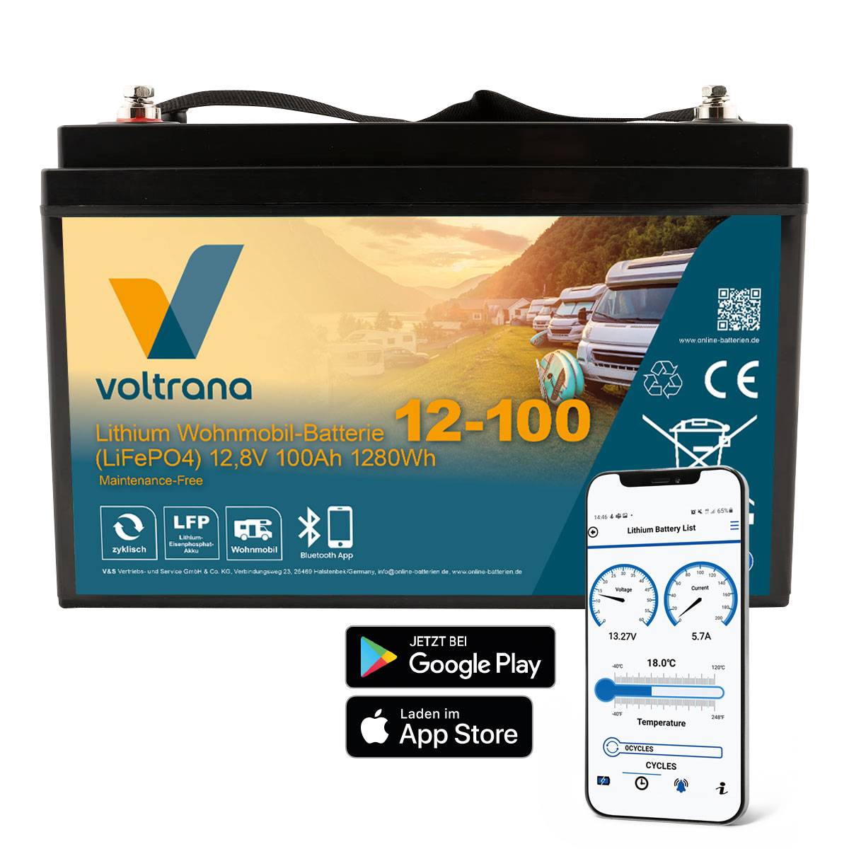 Lithium Wohnmobil-Batterie 12,8V 100Ah 1280Wh M8 mit Bluetooth & Heizung – Voltrana LiFePO4 Versorgungsbatterie