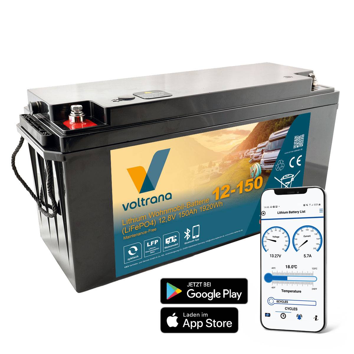 Lithium Wohnmobil-Batterie 12,8V 150Ah 1920Wh M8 mit Bluetooth & Heizung – Voltrana LiFePO4  Versorgungsbatterie