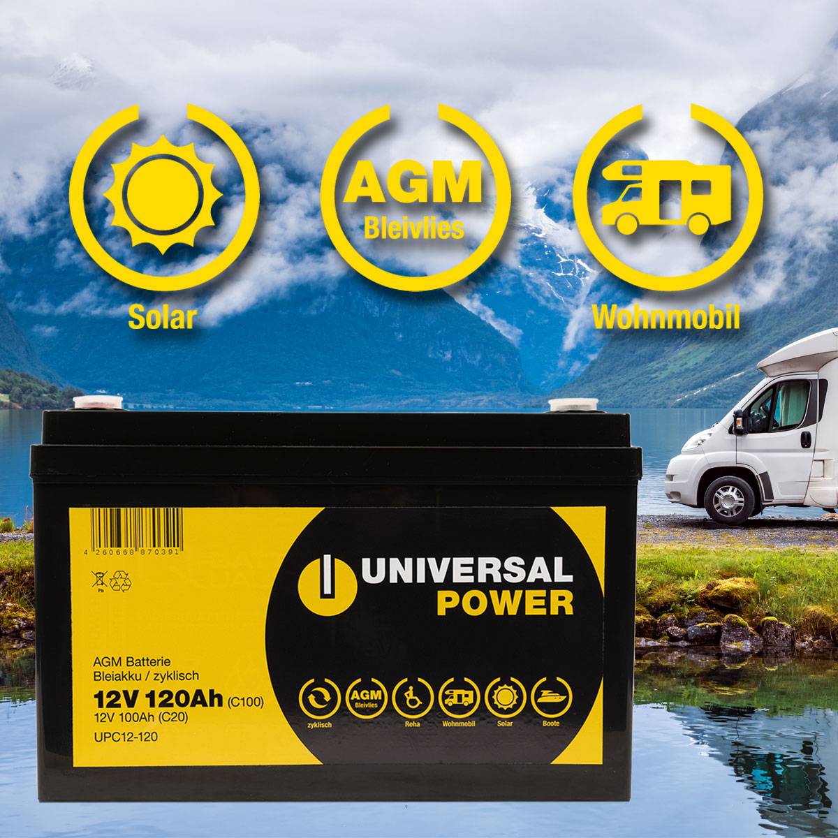 Universal Power AGM UPC12-120 12V 120Ah (C100) Wohnmobilbatterie wartungsfrei