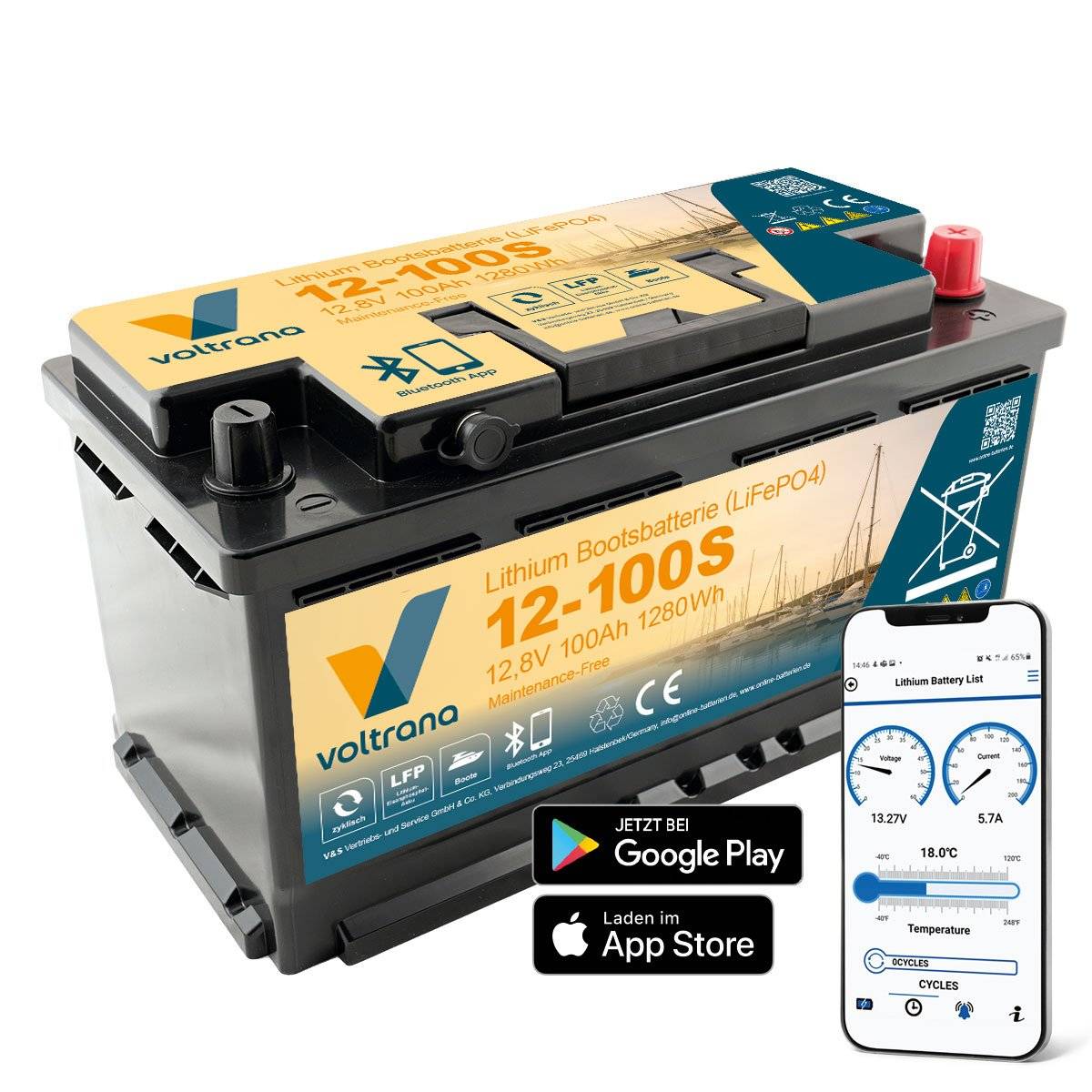 Lithium-Akku VT100S 12,8V 100Ah 1280Wh Autopol mit Bluetooth und Heizung – Voltrana LiFePO4 Batterie