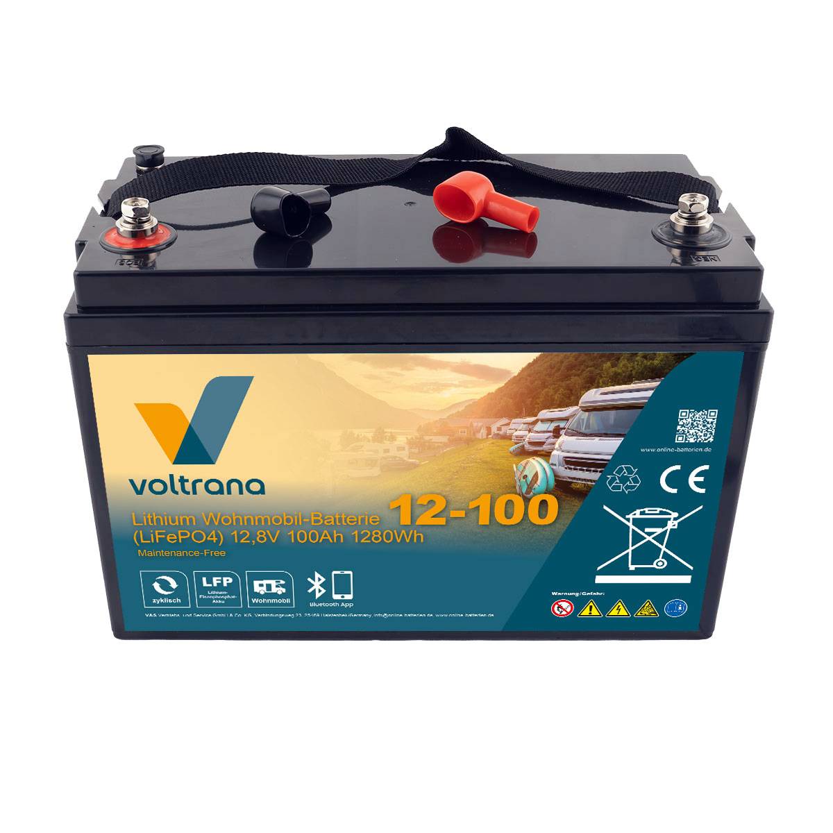 Lithium Wohnmobil-Batterie 12,8V 100Ah 1280Wh M8 mit Bluetooth & Heizung – Voltrana LiFePO4 Versorgungsbatterie