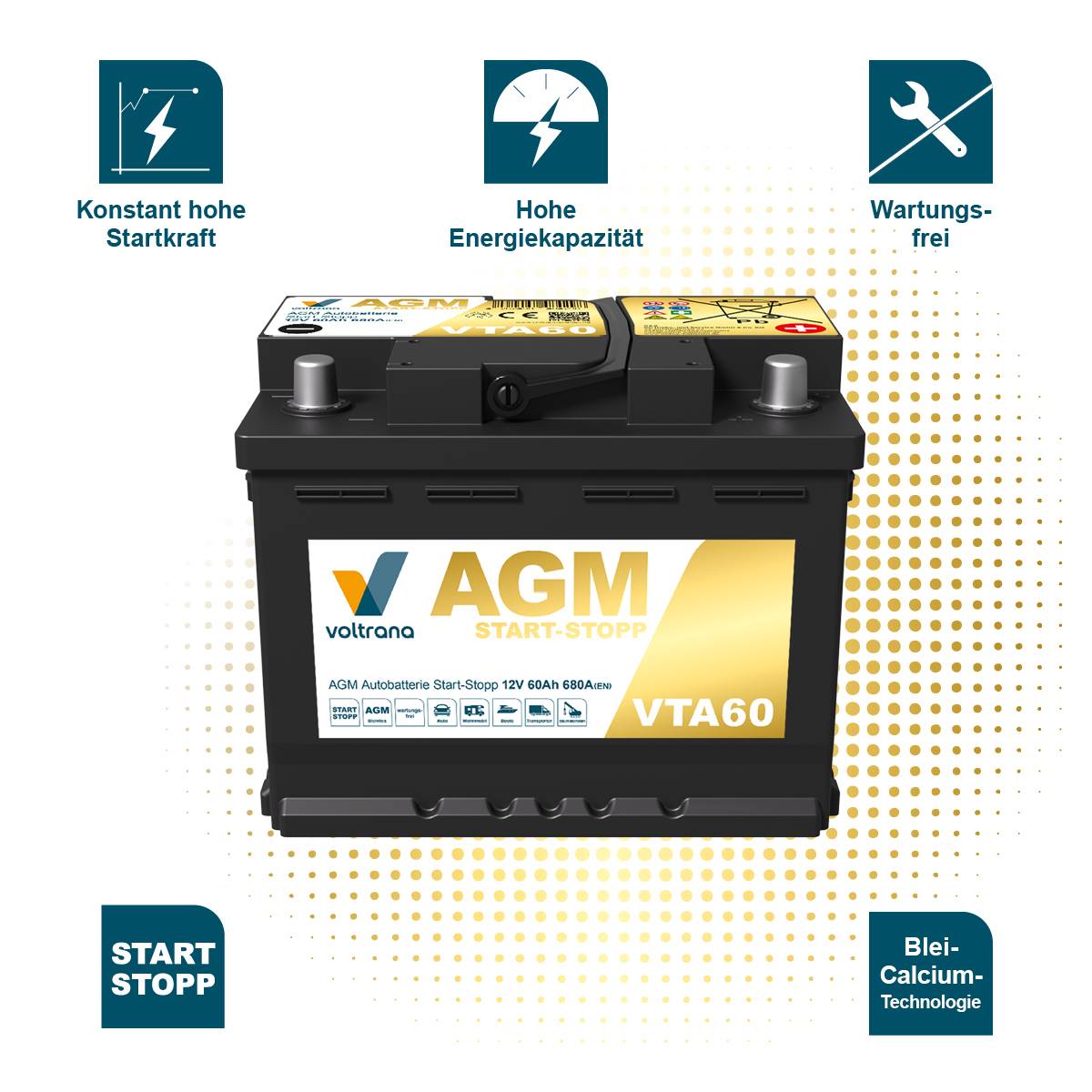 Voltrana AGM Autobatterie Start-Stopp 60Ah 12V 680A VTA60