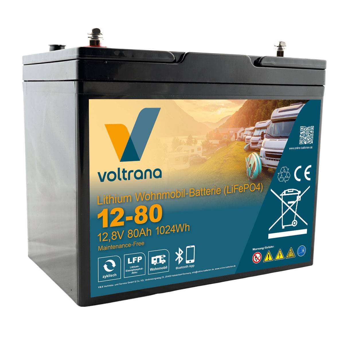 Lithium Wohnmobil-Batterie 12,8V 80Ah 1024Wh M8 mit Bluetooth – Voltrana LiFePO4  Versorgungsbatterie