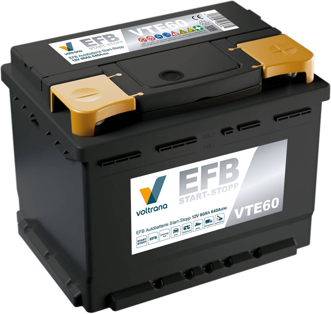 Voltrana EFB Autobatterie Start-Stopp 60Ah 12V 640A VTE60