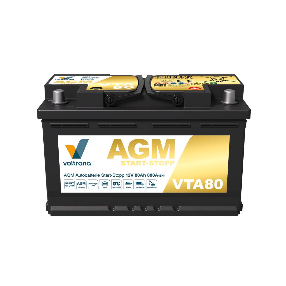 Voltrana AGM Autobatterie Start-Stopp 80Ah 12V 800A VTA80