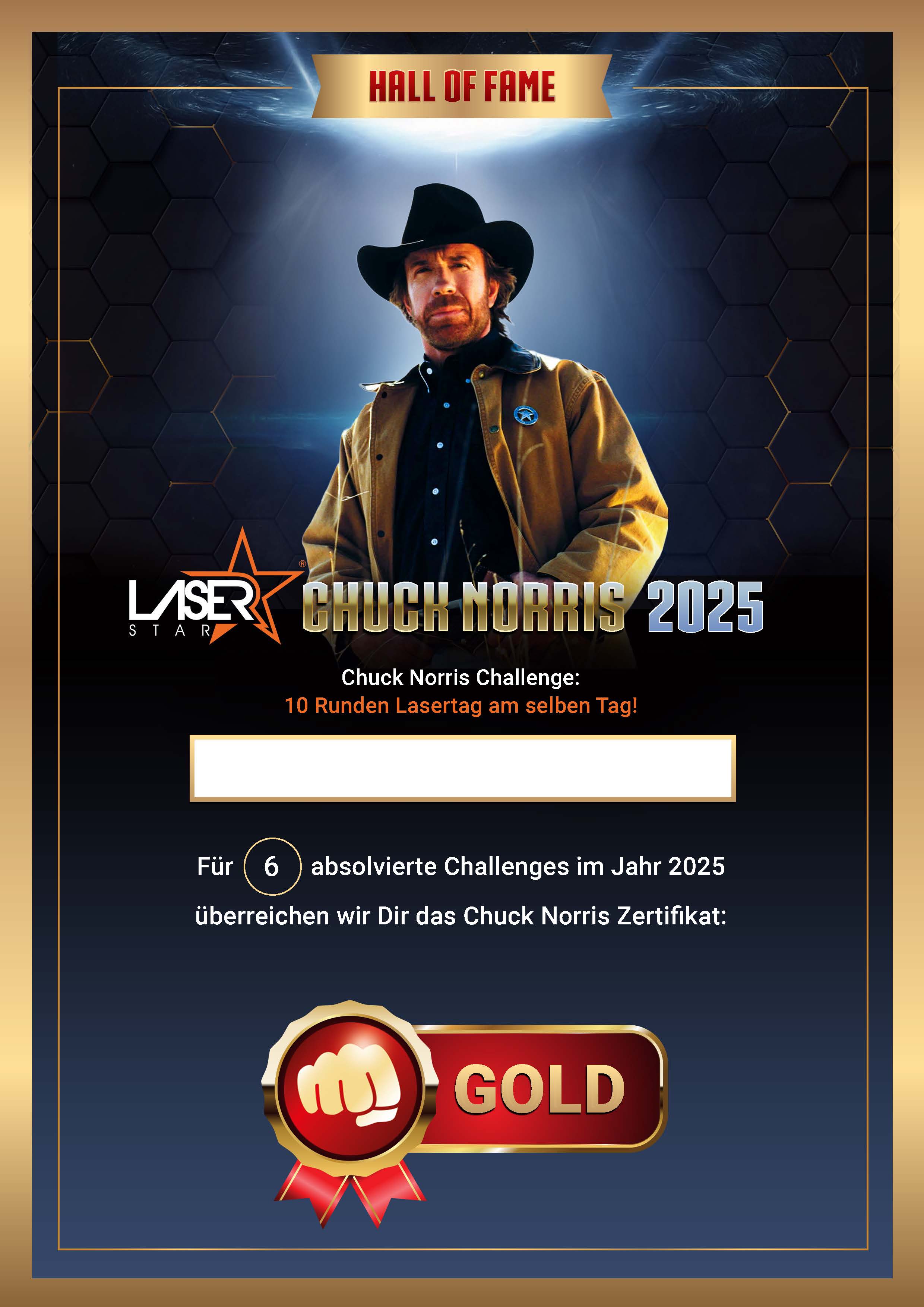 Gold-Zertifikat für sechs absolvierte Chuck Norris Challenges im Jahr 2025 – Anerkennung für höchste Spielleistung und Kampfgeist.