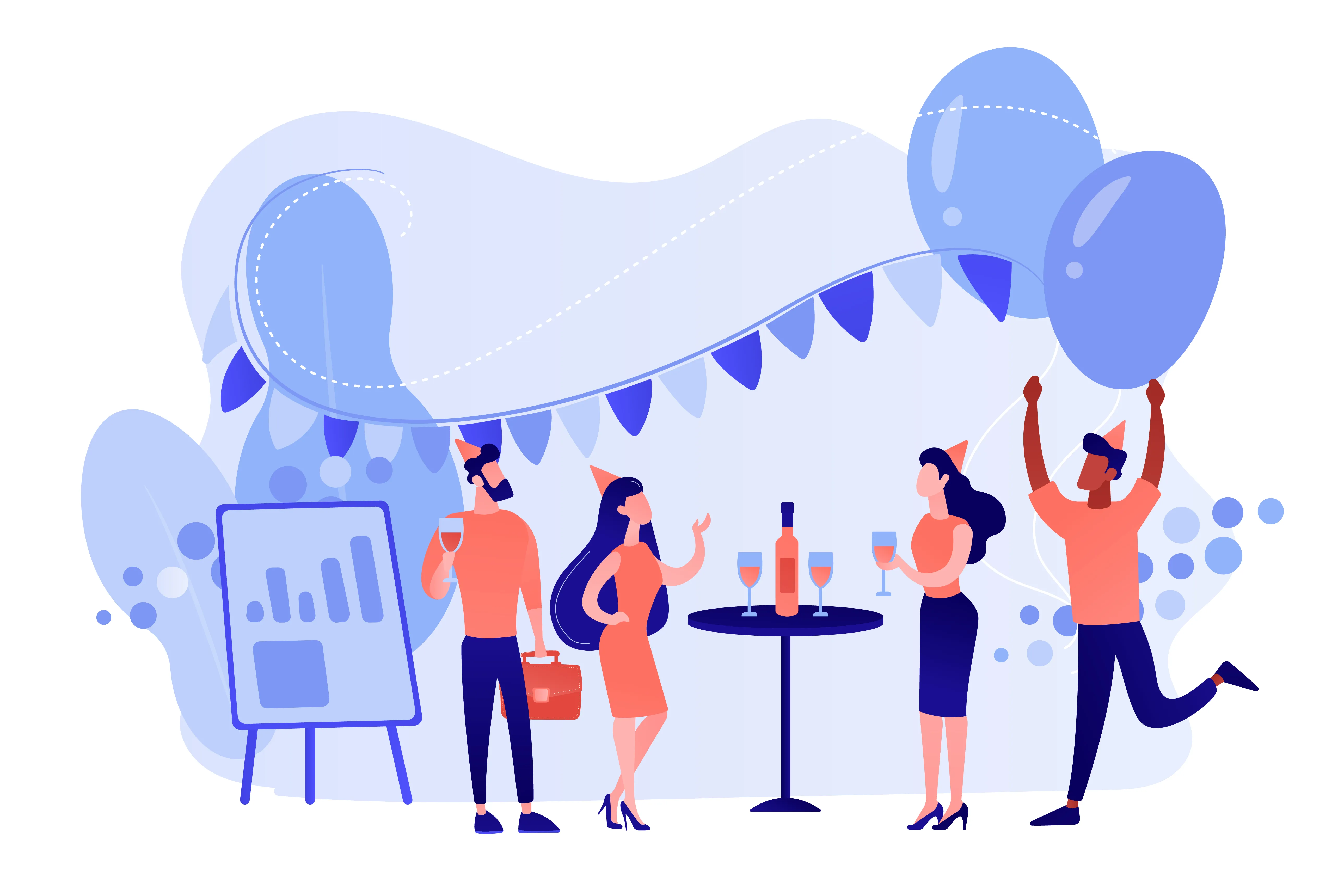 Eine comichafte Illustration zeigt eine Gruppe von Menschen, die ein Fest feiern. Auf einem Stehtisch befinden sich erfrischungsgetränke. Im Hintergrund Girlanden und Luftballons.