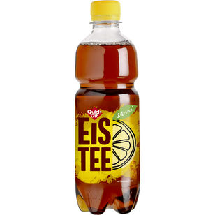Flasche Quick Vit Eistee Zitrone 500ml – spritziger, erfrischender Zitronen-Eistee für heiße Tage, perfekt gekühlt genießen.