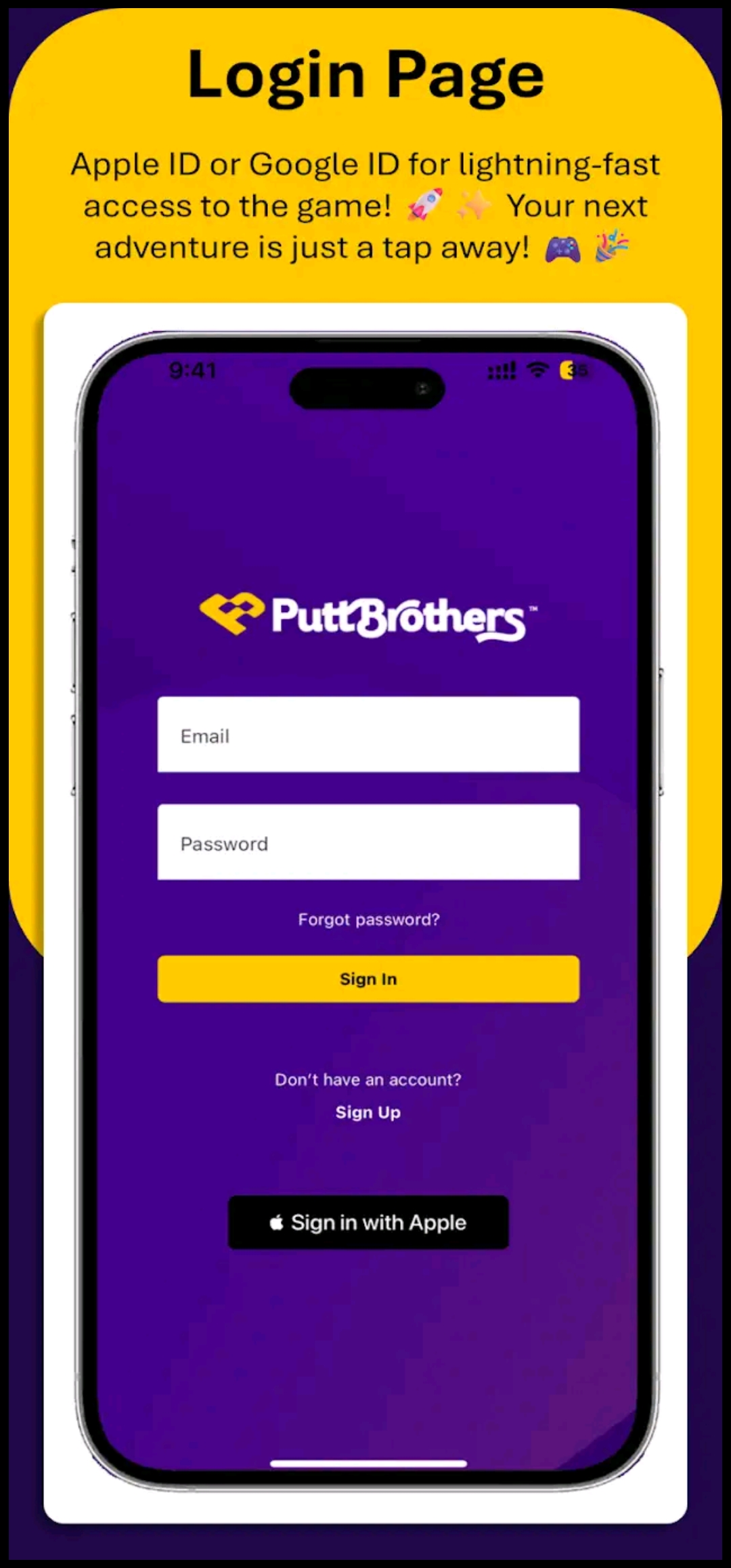 Screenshot der PuttBrothers Mobil-App Login-Seite: Lila Hintergrund mit Eingabefeldern für E-Mail und Passwort, ‚Forgot password?‘-Link, gelbem ‚Sign In‘-Button, Link zur Registrierung und schwarzem ‚Sign in with Apple‘-Button.