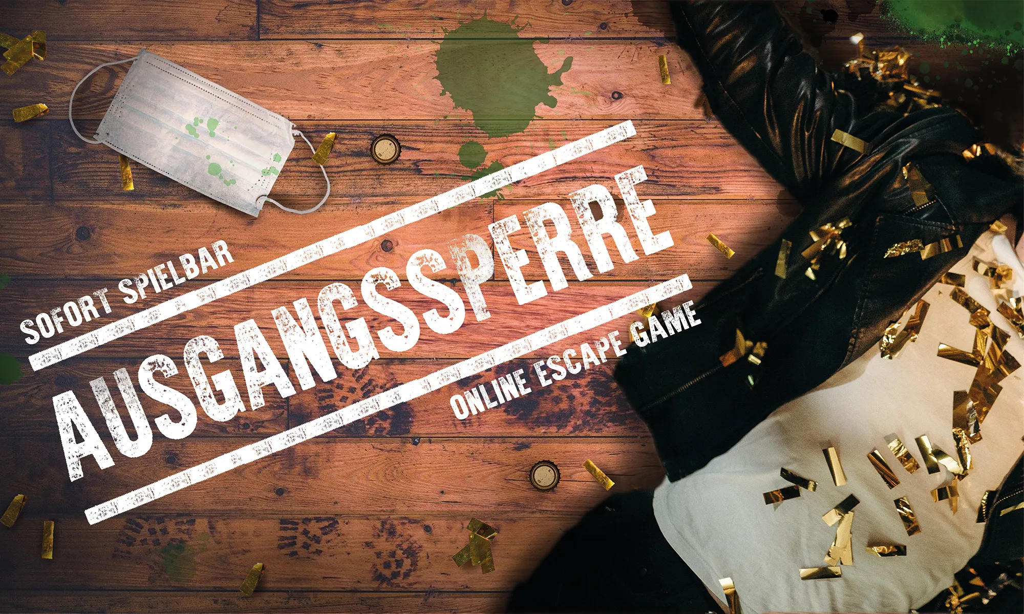Bild von einem Mann in Lederjacke, der neben einer Atemmaske auf dem Boden liegt und scheinbar gefeiert hat. Das Bild hat die große Aufschrift: Ausgangssperre - sofort spielbar: Online escape Game