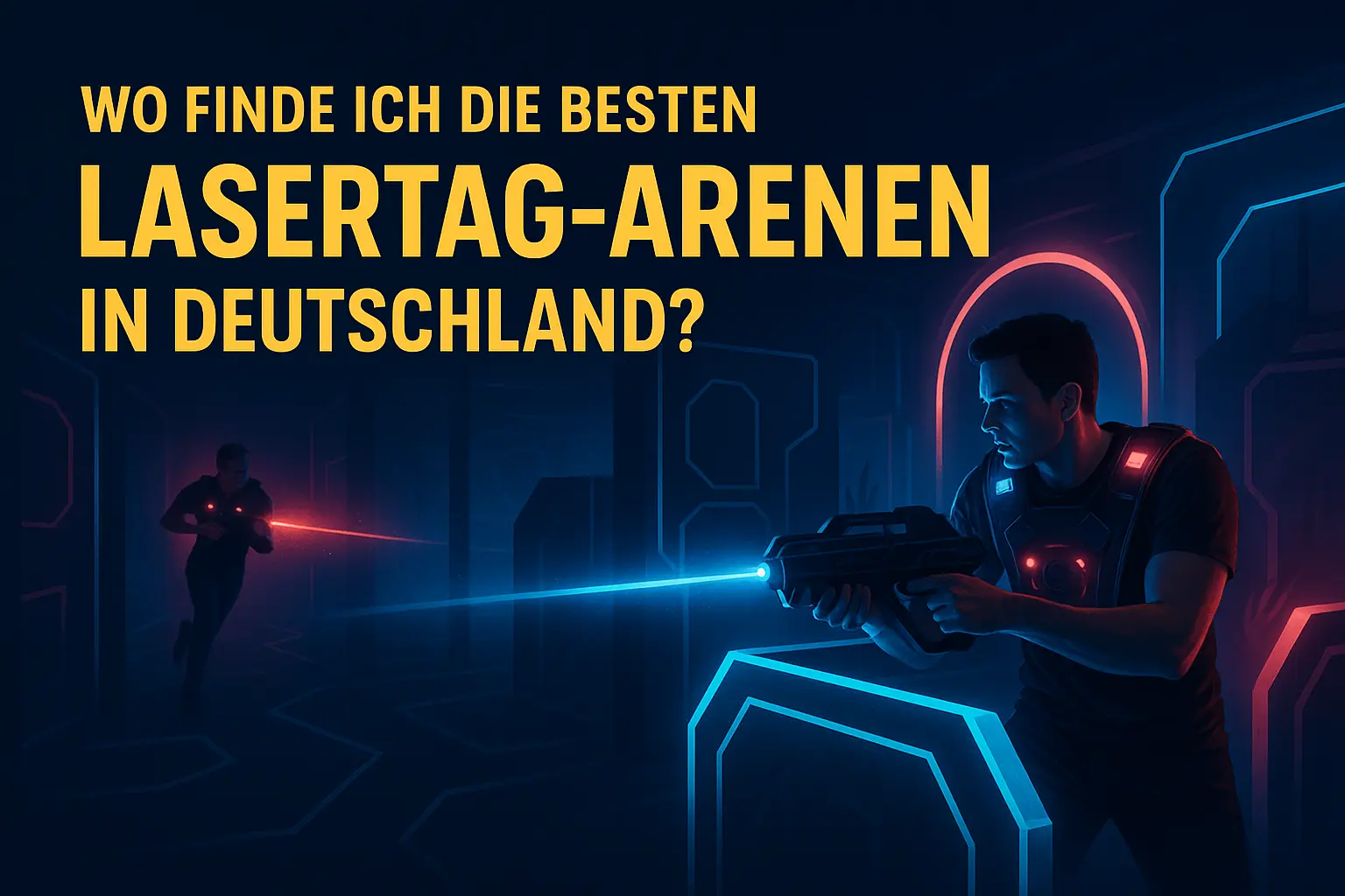 Ein junger Mann hält eine Lasertag Pistole in futuristischer Umgebung. Aufschrift des Bildes: Wo finde ich die besten Lasertag-Arenen in Deutschland?
