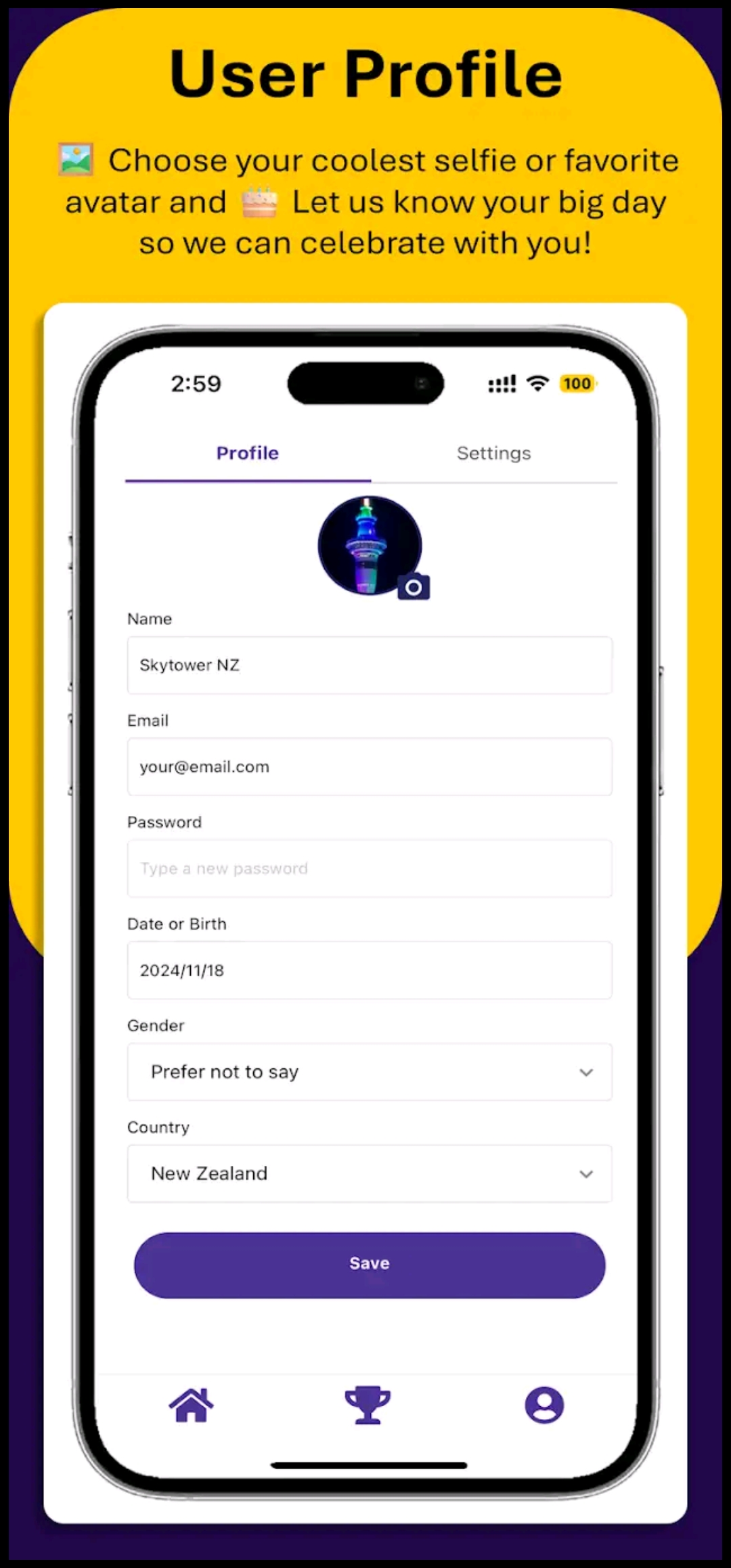 Screenshot der PuttBrothers App Profilseite: Oben ‚Profile‘-Tab, rundes Profilbild mit Kamera-Icon, Eingabefelder für Name, E-Mail, Passwort, Geburtsdatum, Geschlecht und Land, lila ‚Save‘-Button und untere Navigationsleiste mit Home-, Trophy- und Profil-