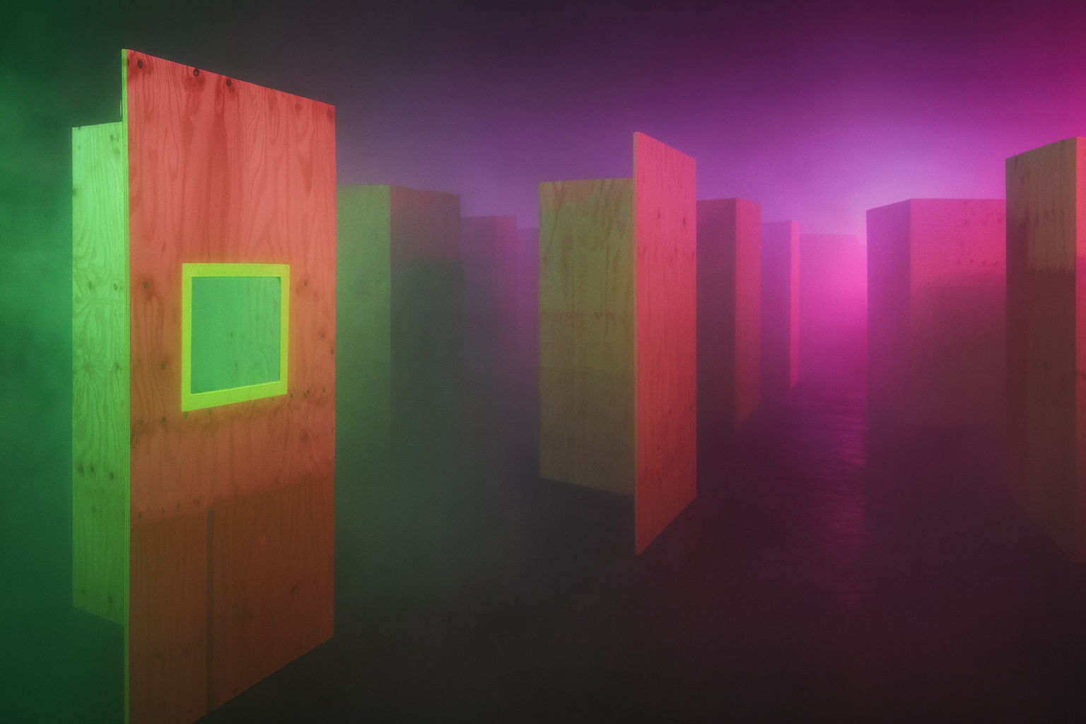 Lasertag Arena in Oldenburg mit Holz-Hindernissen, Neonlichtern in Rot und Blau sowie Nebeleffekten