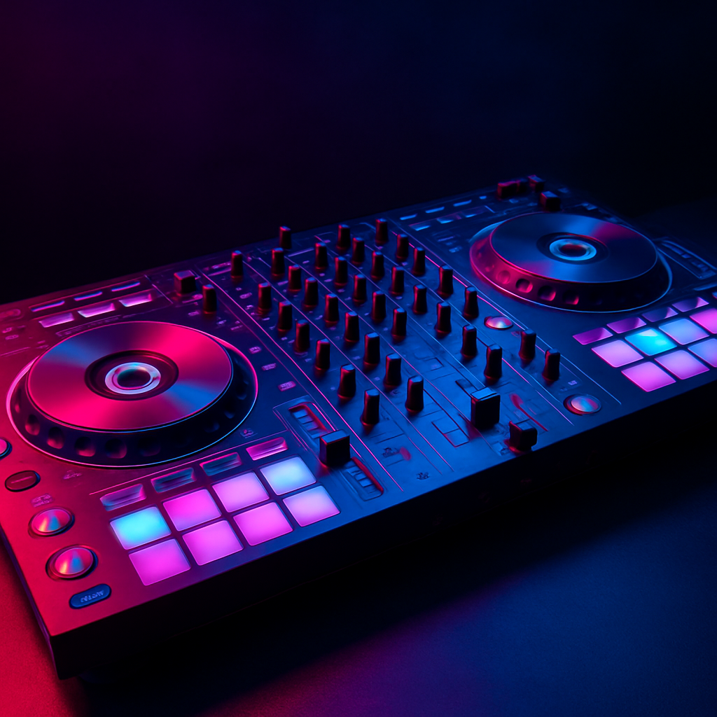 Professionelles DJ-Pult mit beleuchteten Pads, Jogwheels und Reglern im Neonlicht – modernes Setup für Events und Hochzeiten.  ✅ Meta Title  DJ-Pult im Neonlicht – Professionelles DJ-Setup | Eventflut