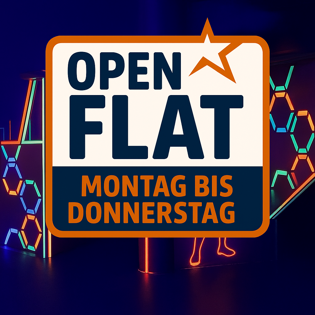 Erlebe unbegrenzten Lasertag-Spaß mit der Open Flat von Montag bis Donnerstag. Neonbeleuchtete Arena & Action pur bei Laserstar