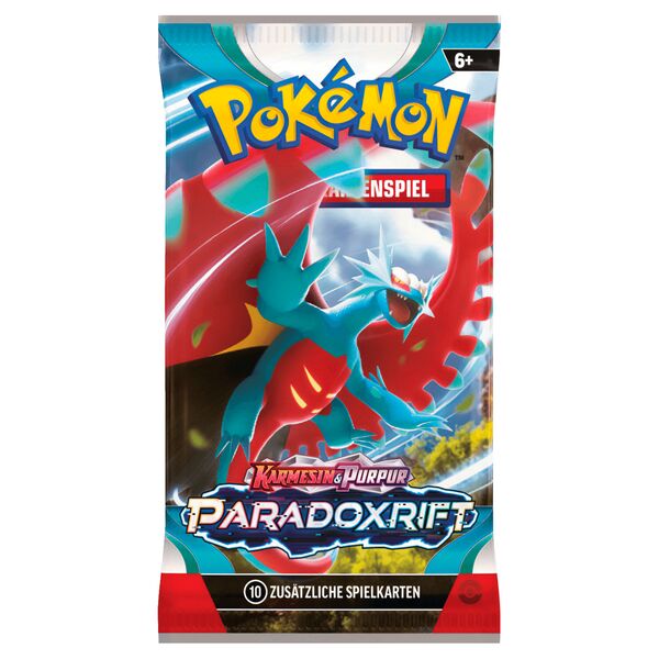 Das Bild zeigt ein Boosterpack der Pokémon-Sammelkartenserie Karmesin & Purpur: Paradoxrift. Das Pack enthält 10 zusätzliche Spielkarten und ist für Spieler ab 6 Jahren geeignet. Auf der Verpackung ist ein dynamisches Artwork eines Paradox-Pokémons abgebi