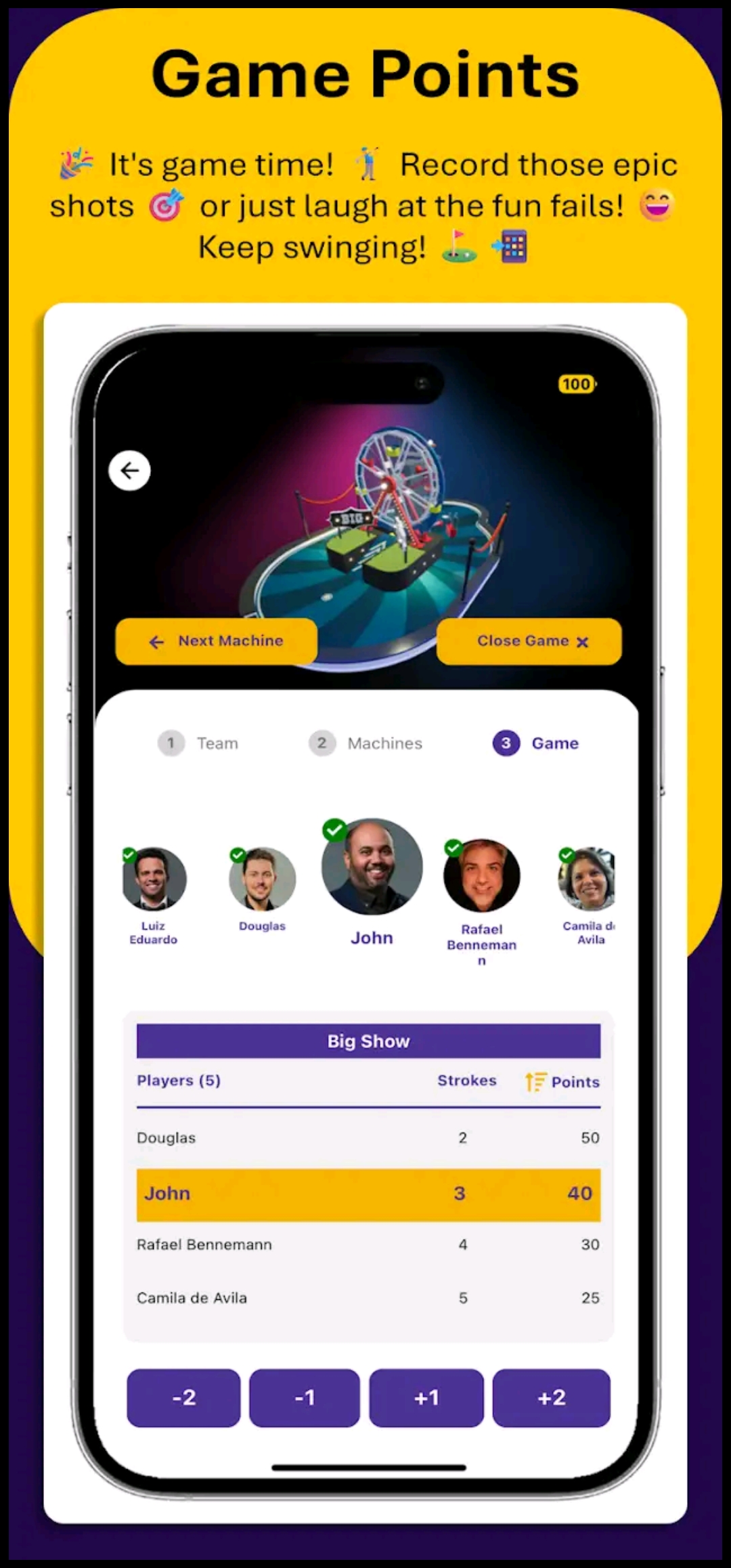 Screenshot der PuttBrothers App ‚Game Points‘-Seite: Oben ein animiertes Maschinenbild mit ‚Next Machine‘- und ‚Close Game‘-Buttons, Schritte-Indikator (Team → Machines → Game), Reihe von Spieler-Profilbildern mit grünen Häkchen, darunter eine Tabelle ‚Bi