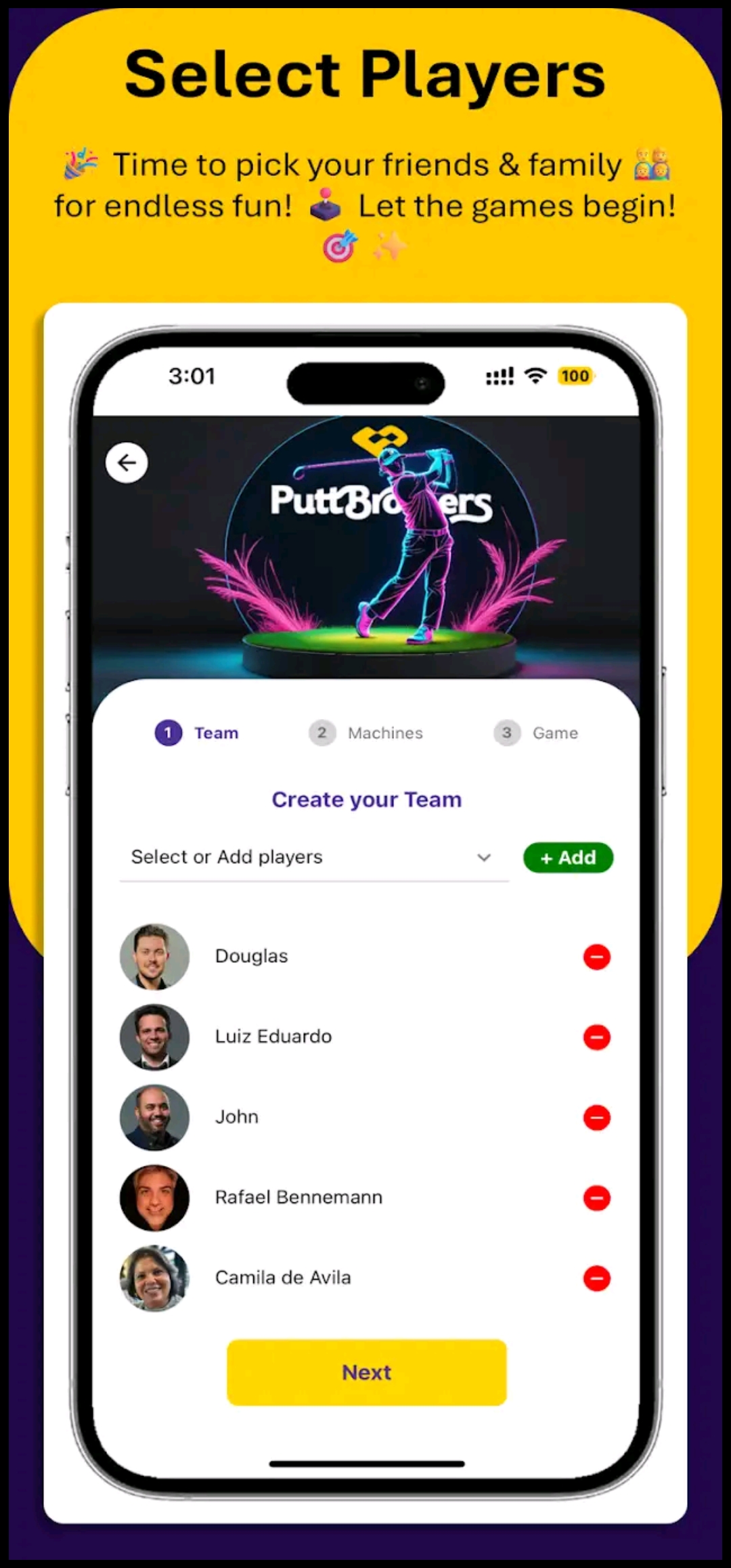 Screenshot der PuttBrothers App ‚Select Players‘-Seite: Oben Überschrift und Beschreibung, darunter PuttBrothers-Logo, Schritte-Indikator (Team → Machines → Game), Formular ‚Create your Team‘ mit Dropdown ‚Select or Add players‘, grünem ‚+ Add‘-Button, Li