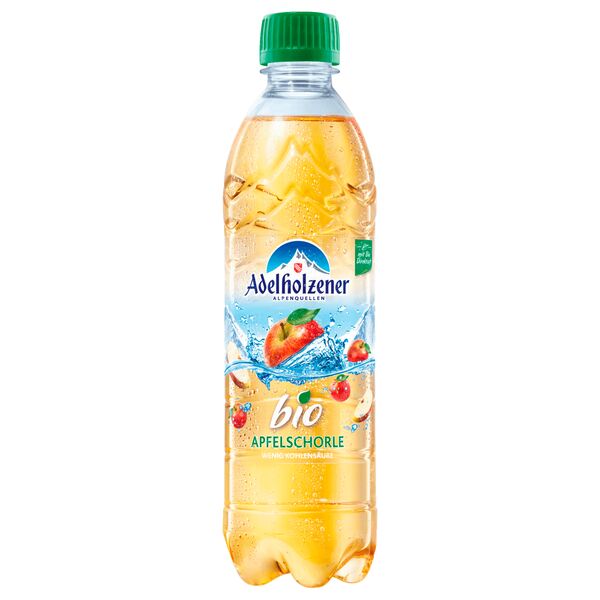 Adelholzener Bio Apfelschorle in 0,5 Liter PET-Flasche, natürliche Apfelschorle mit wenig Kohlensäure aus Alpenquellwasser.