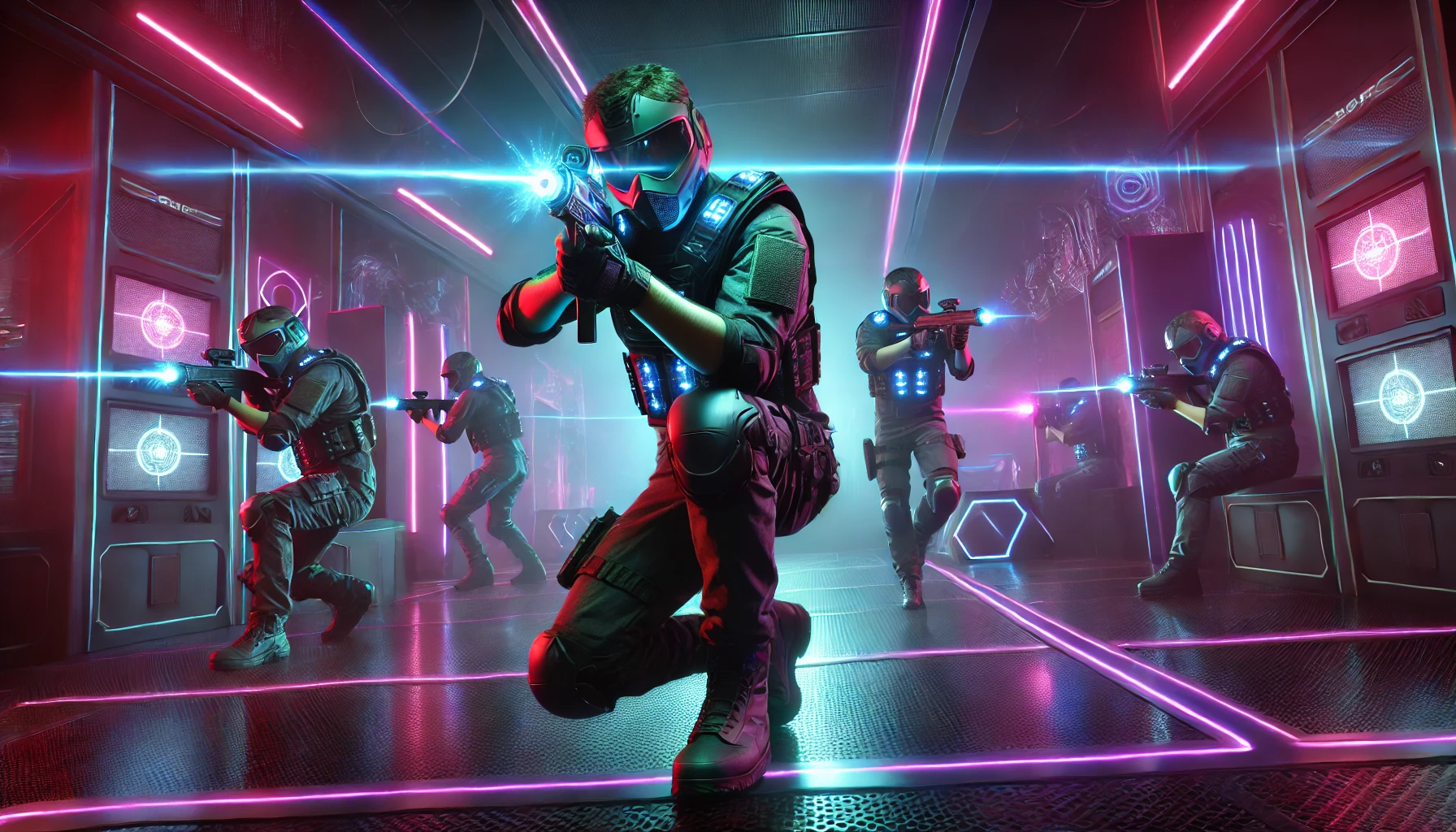 Tauche ein in eine futuristische Lasertag-Arena voller leuchtender Neon-Lichter und High-Tech-Ausrüstung. Spieler liefern sich ein spannendes Match in einer dynamischen, sci-fi-inspirierten Umgebung. Perfekt für alle, die Action, Teamplay und modernste La