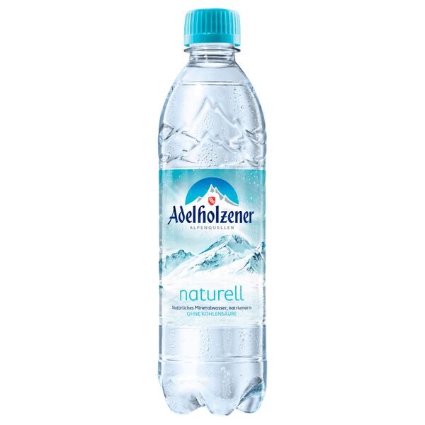 Adelholzener Naturell stilles Mineralwasser aus den Alpen in der 0,5-Liter PET-Flasche – erfrischend, natürlich und ohne Kohlensäure.