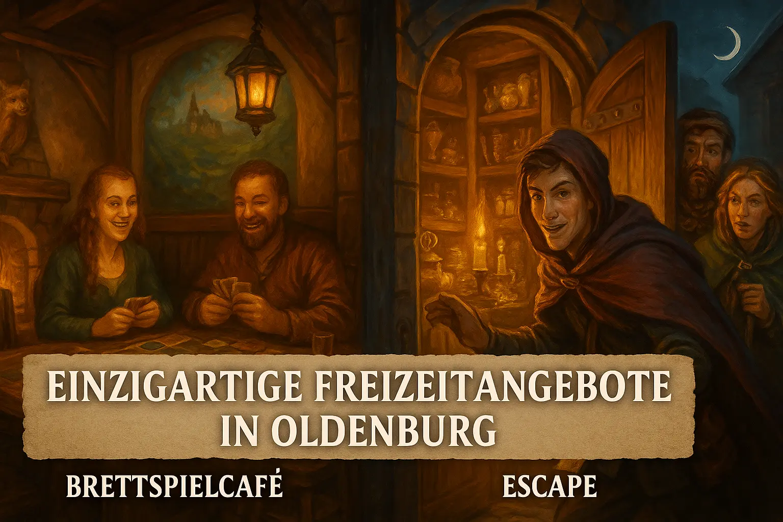 Stimmungsvolles Banner mit zwei Szenen: links Brettspielrunde in mittelalterlicher Taverne, rechts spannender Escape Room im Fantasy-Stil – Freizeitangebote im Zum flinken Frettchen Oldenburg.
