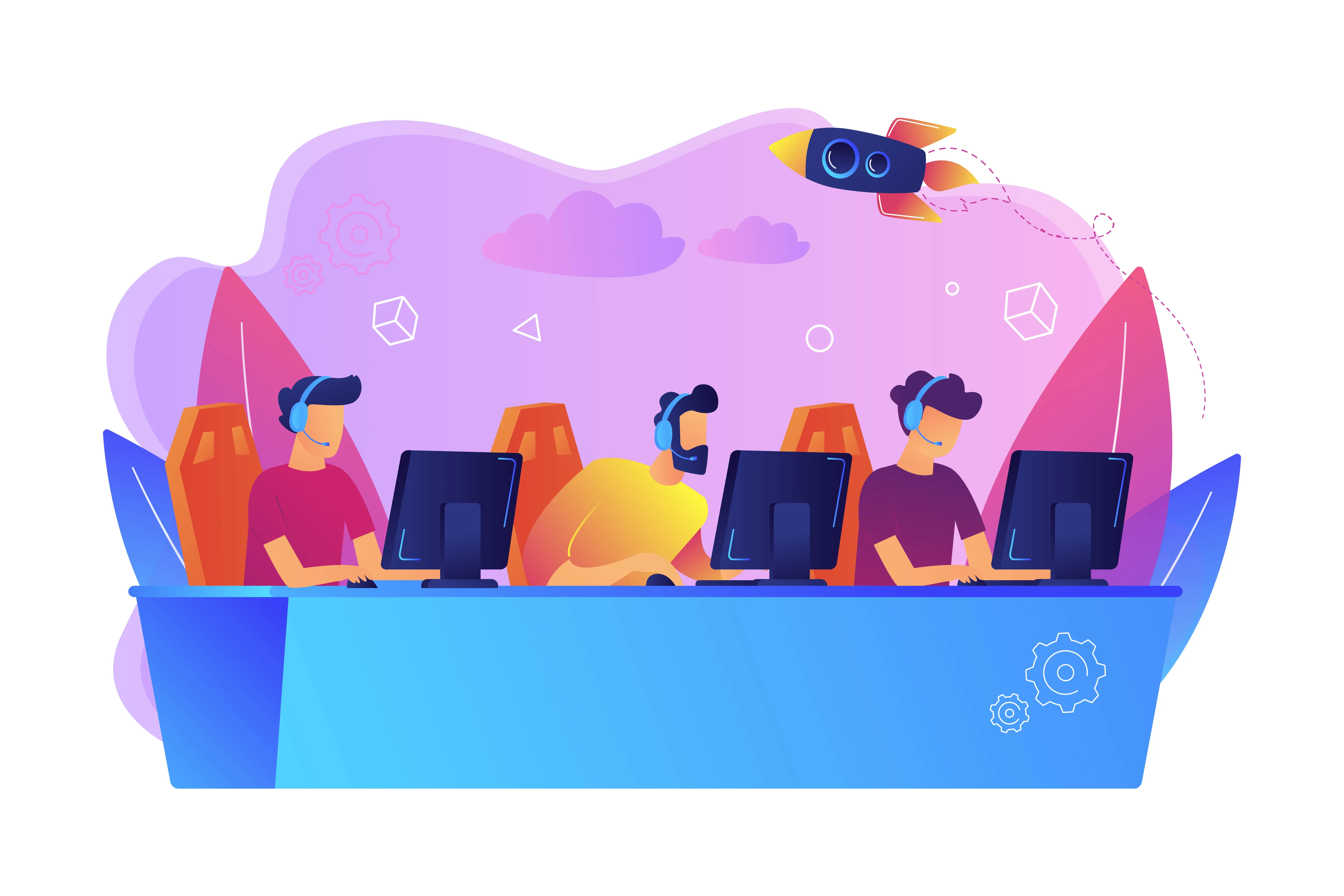 Eine comichafte Illustration zeigt drei Menschen mit Headsets auf dem Kopf vor drei Monitoren sitzend. Alle lehnen sich interessiert nach vorn.