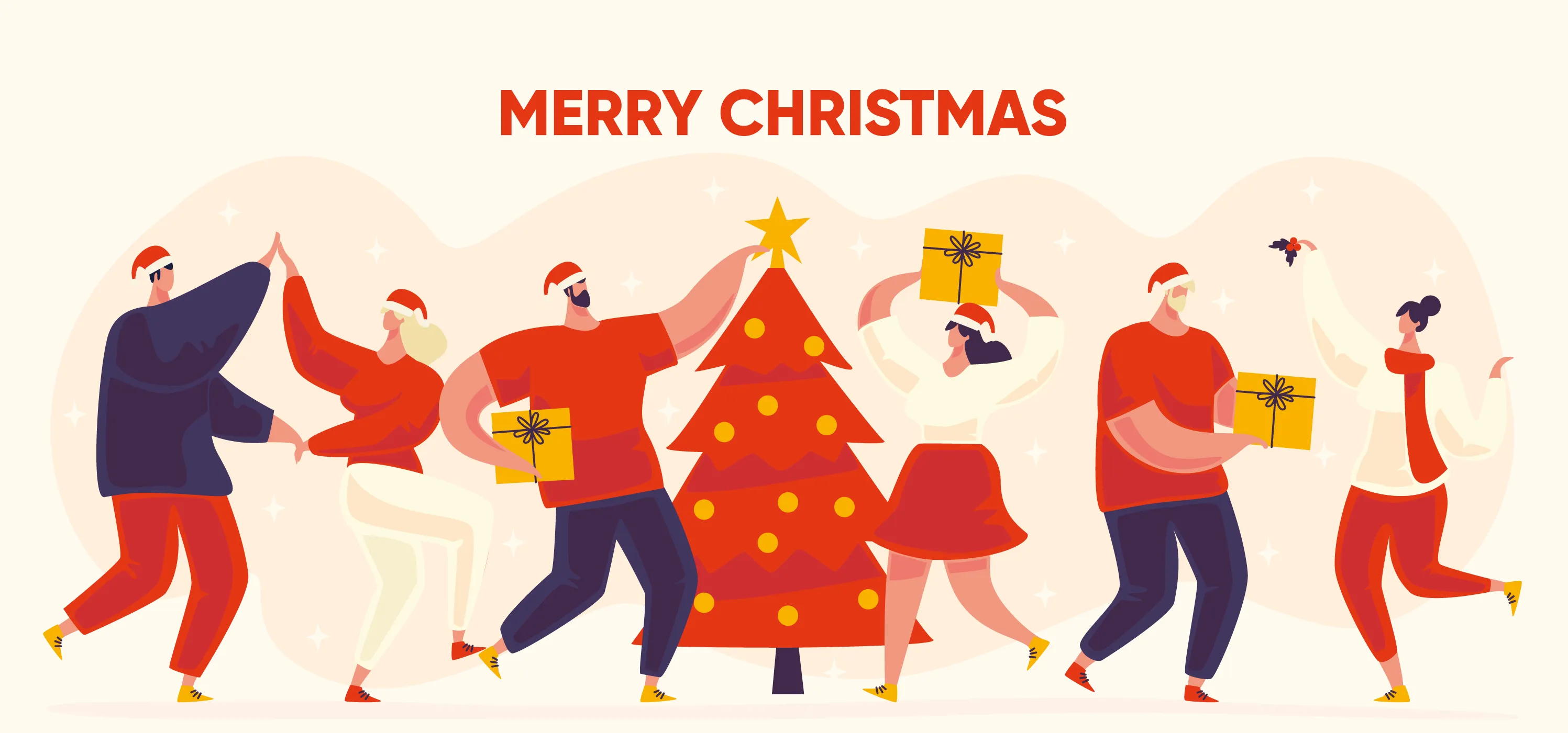 Ein Team  tanzt um einen Weihnachtsbaum mit Geschenken
