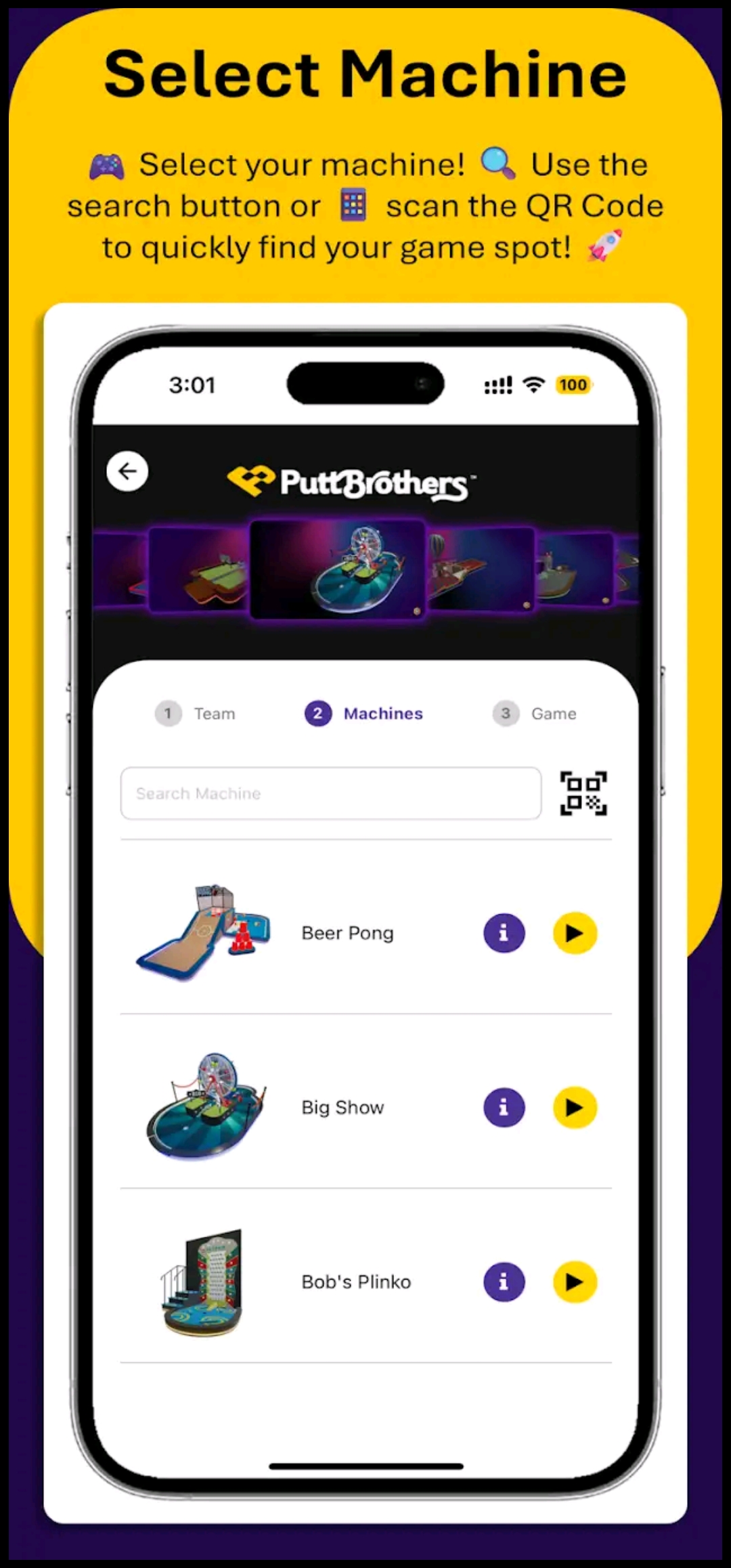 Screenshot der PuttBrothers App ‚Select Machine‘-Seite: Überschrift und Anleitung, oben Carousel mit Maschinenbildern, Schritte-Indikator (Team → Machines → Game), Suchfeld mit QR-Code-Scanner-Icon, Liste verfügbarer Spielemaschinen (Beer Pong, Big Show, 