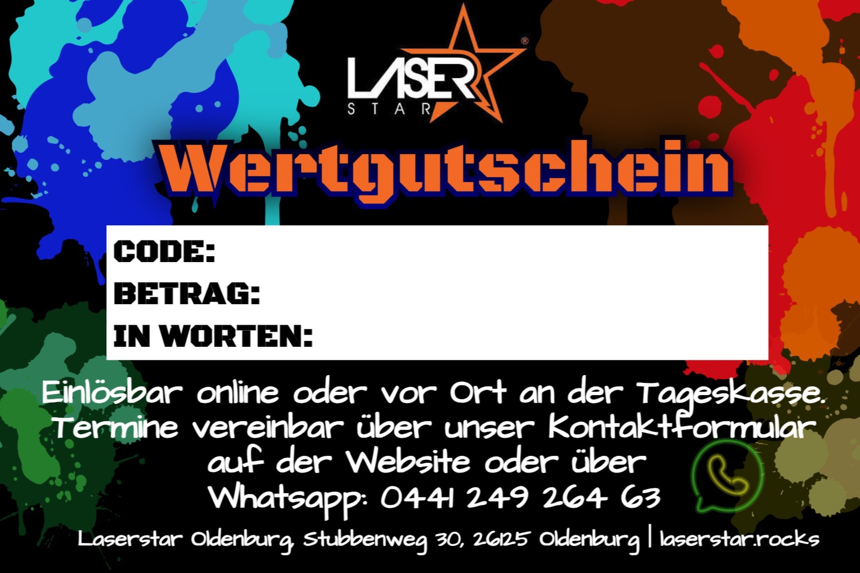 Offizielle Laserstar Oldenburg Wertgutschein-Druckvorlage mit Feldern für Code, Betrag und Einlöseinformationen.